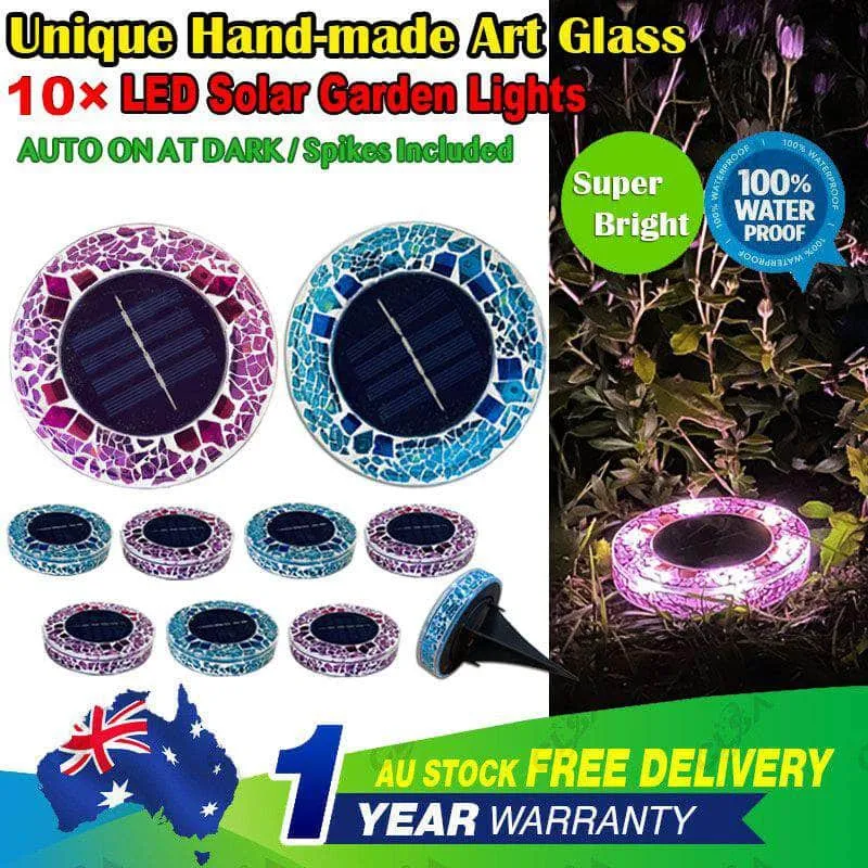 10 X Solar Led Hand-Made Art Stained Glass Inground Light Garden Outdoor