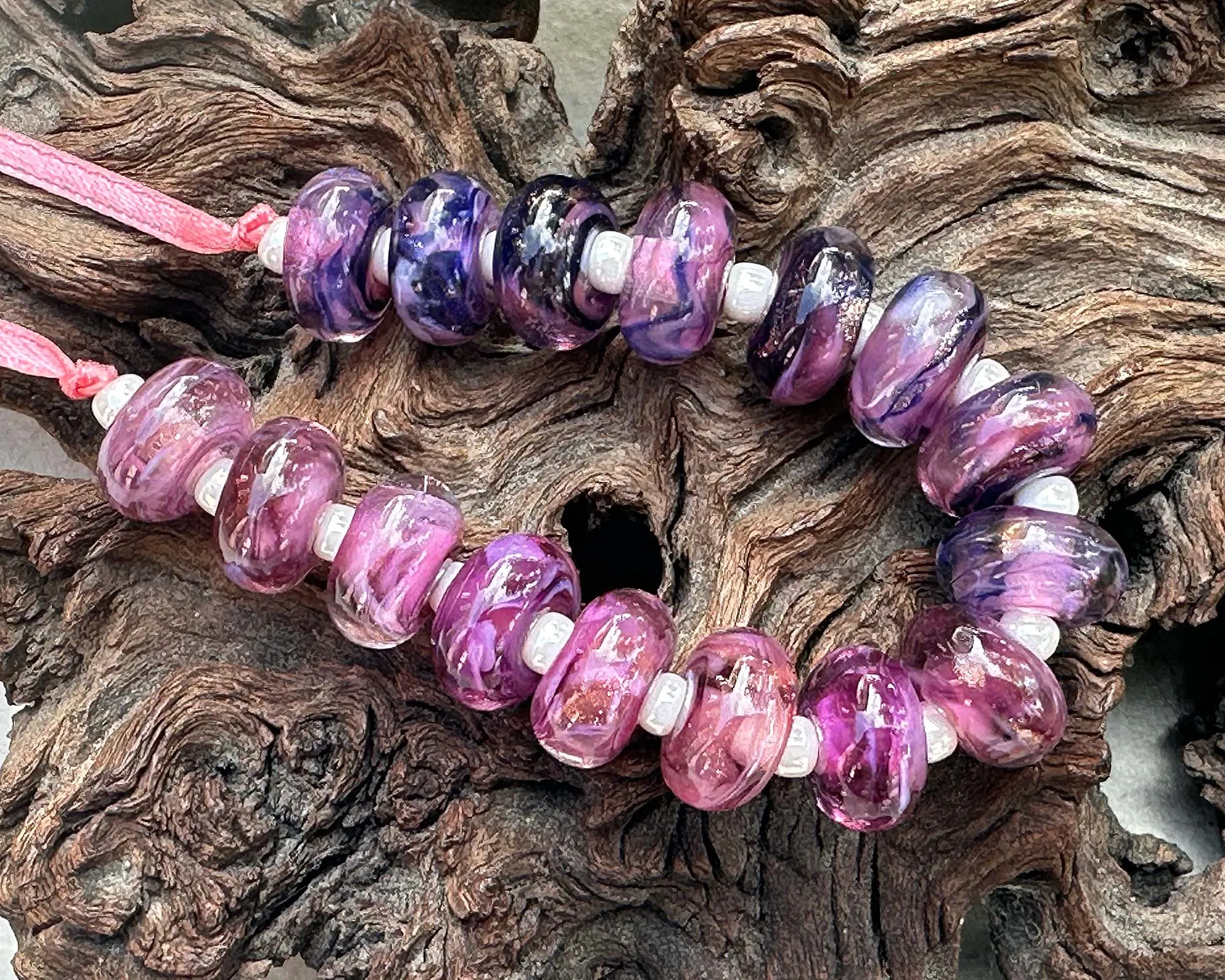 16 Pink & Blue Shimmer Lampwork Beads Set SRA