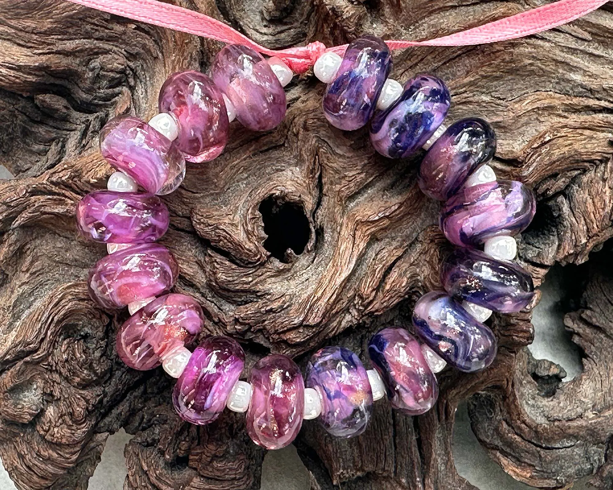 16 Pink & Blue Shimmer Lampwork Beads Set SRA
