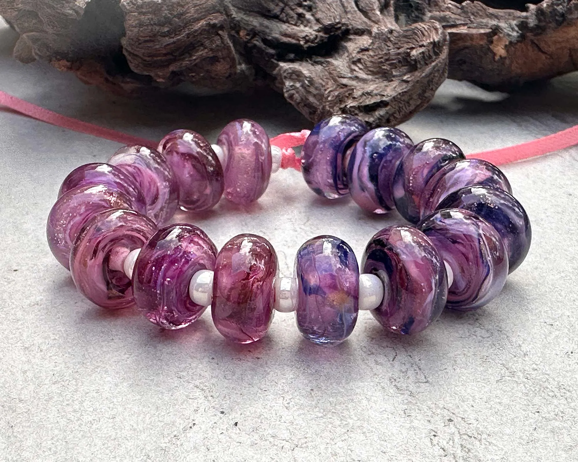 16 Pink & Blue Shimmer Lampwork Beads Set SRA