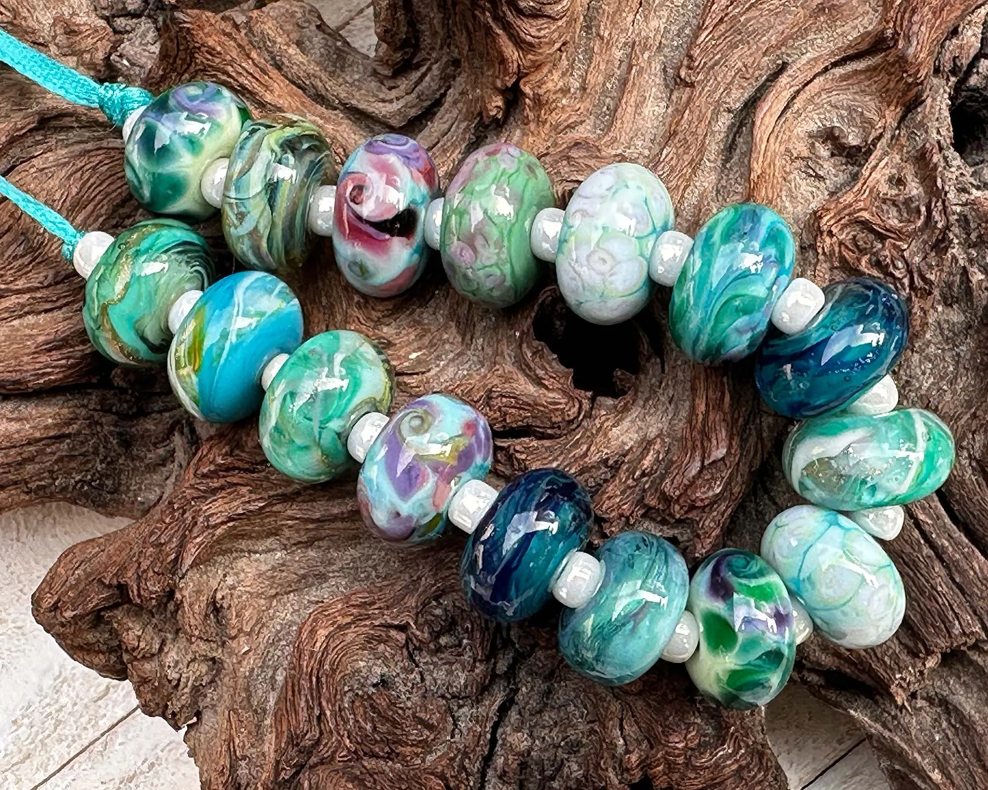 16 Teal Green Orphans Lampwork Beads Set SRA