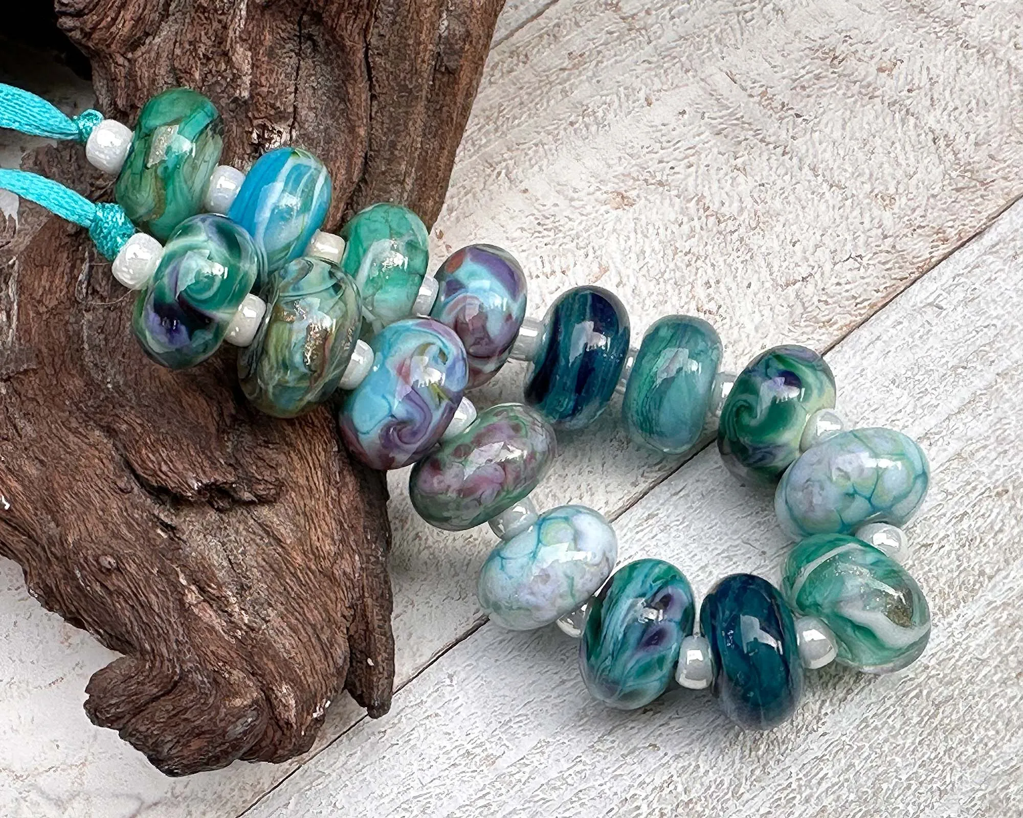 16 Teal Green Orphans Lampwork Beads Set SRA