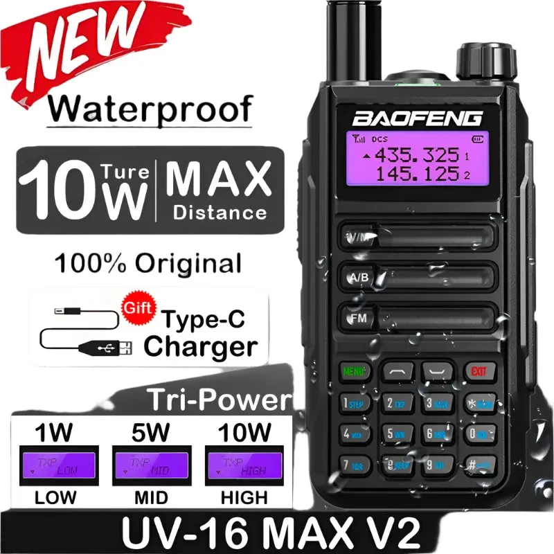 2023 Baofeng UV-16 MAX V2 Professional 10W Upgraded Of UV-5R UV-10R Walkie Talkie IP68 Waterproof Long Range Dual Band Ham Radio