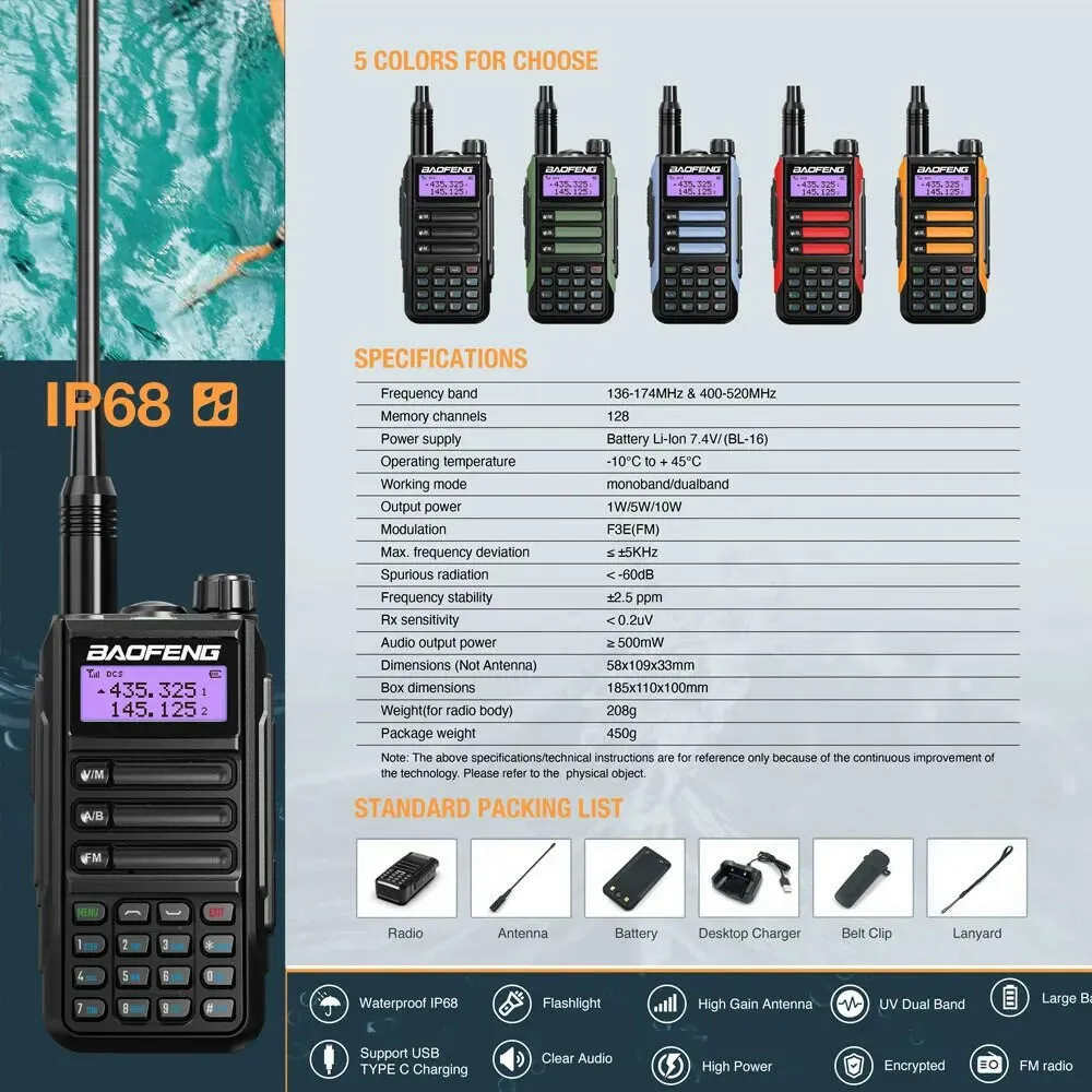 2023 Baofeng UV-16 PRO V2 Professional 10W Upgraded Of UV-5R UV-10R Walkie Talkie IP68 Waterproof Long Range Dual Band Ham Radio