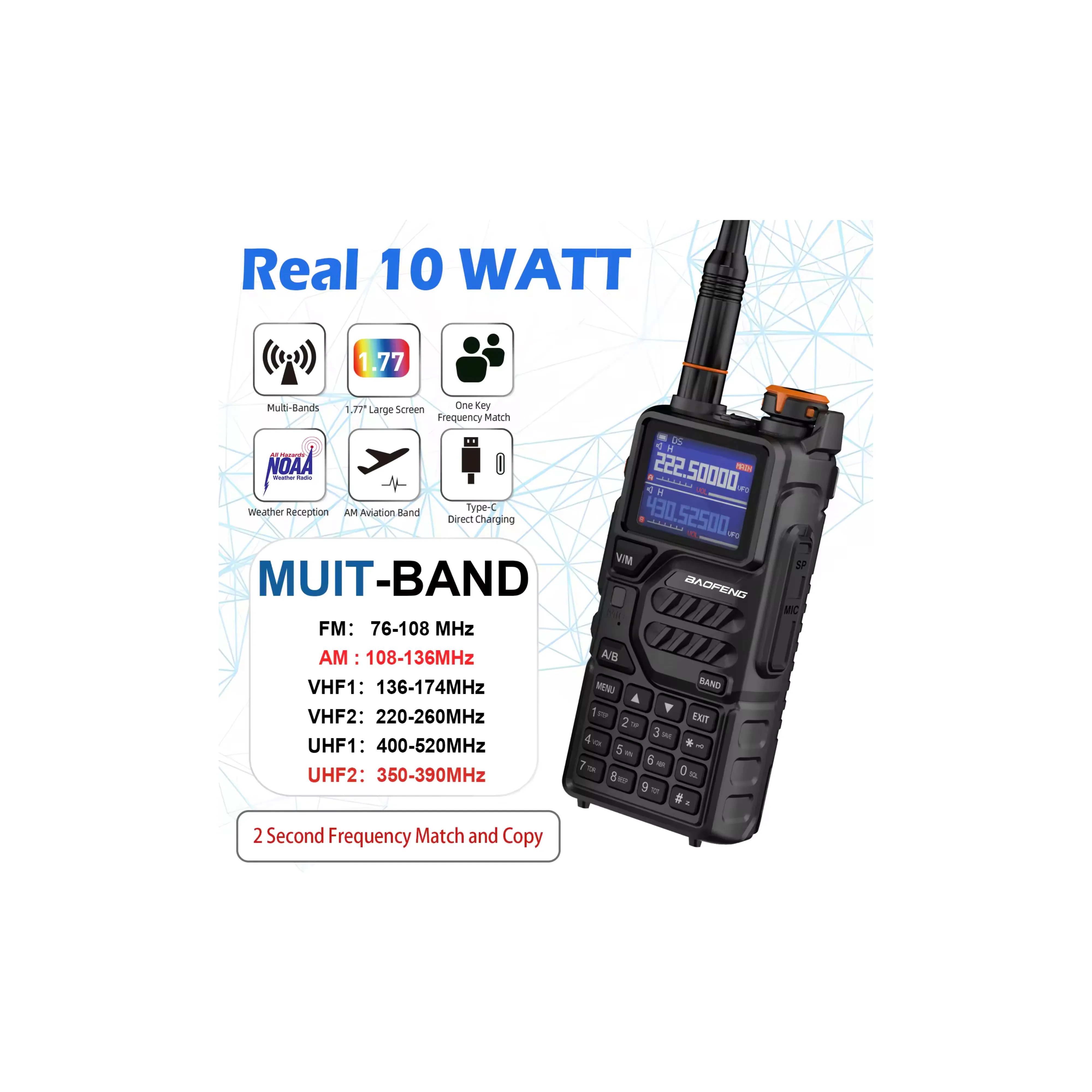 2024 Baofeng UV-K5 Plus Ham Walkie Talkies 5-10km Air Band Two Way Radio With Air Band 108-136 Mhz