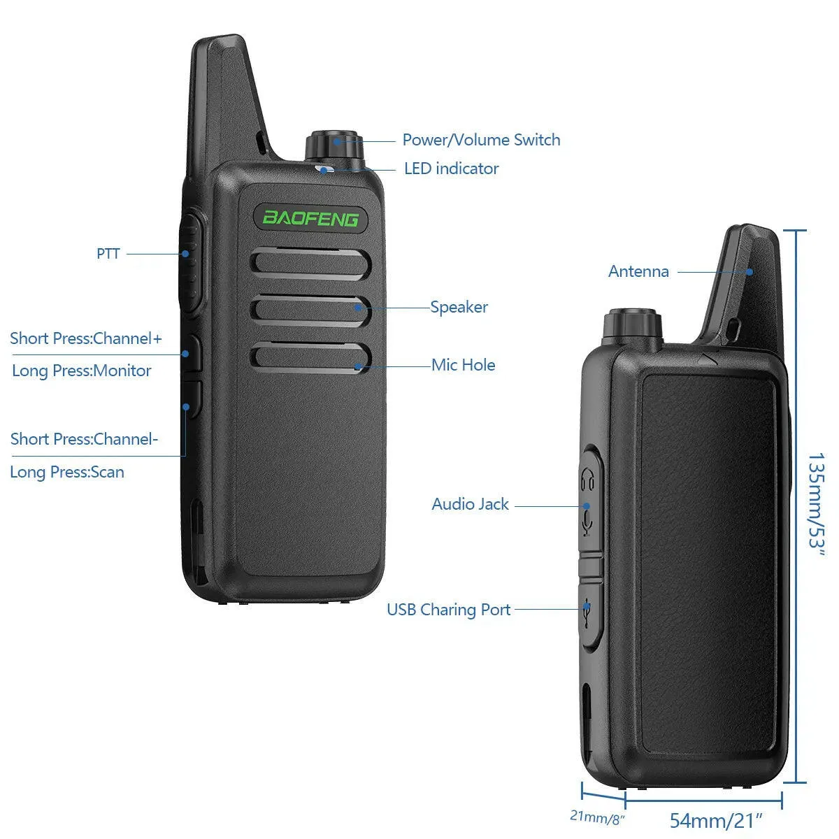 2PCS Baofeng BF-T20 5W Portable Mini Walkie Talkie VOX Charging USB For BF-C9 BF-888S KD-C1 Two Way Radio  Hotel Hunting