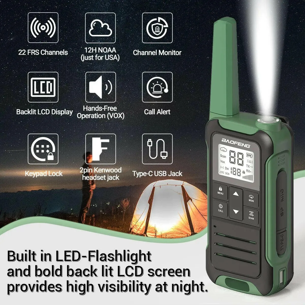 2Pcs Baofeng Mini Walkie Talkie F22 PMR446 FRS Licence-free Portable LCD Display VOX Two-Way Radio Type-C Charger For Camping