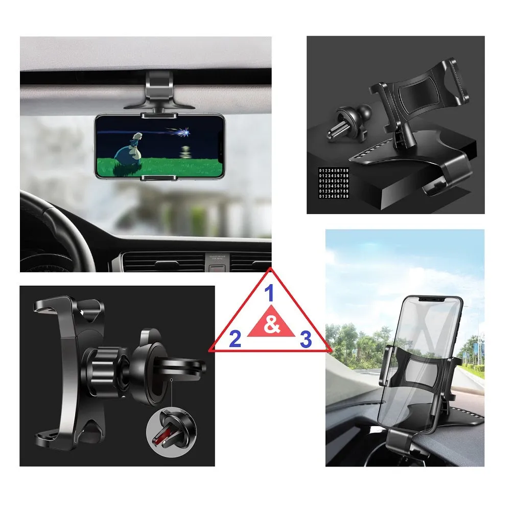 3 in 1 Car GPS Smartphone Holder: Dashboard / Visor Clamp   AC Grid Clip for Emporia Talk V20 - Black