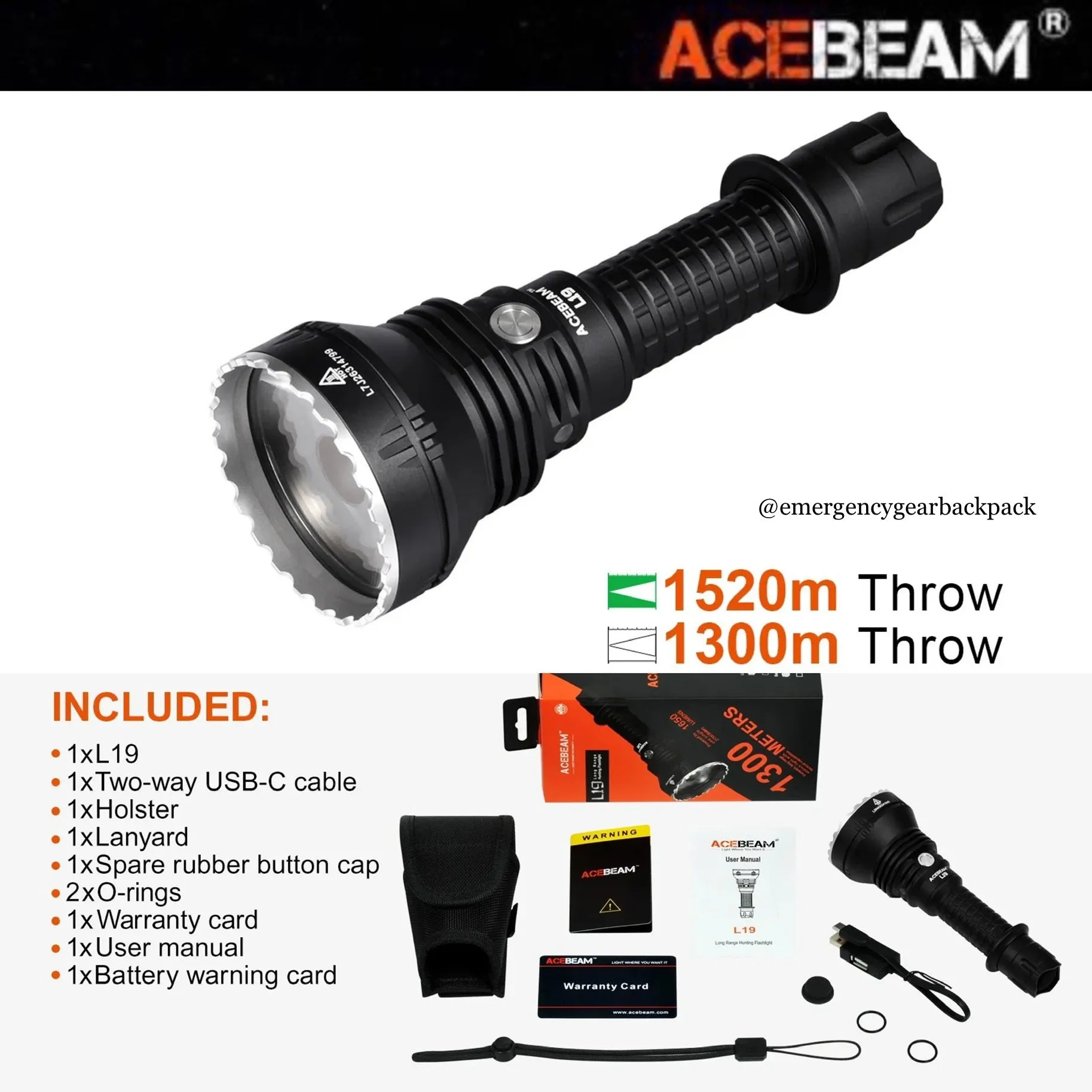 ACEBEAM L19 Long Range Flashlight 1300M