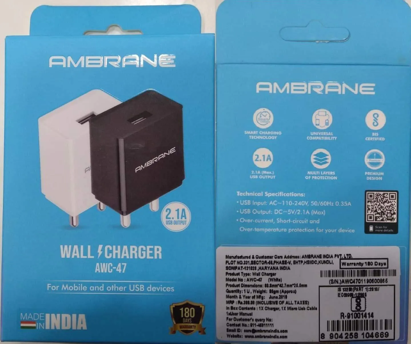 Ambrane AWC47 2.1A Fast Mobile Charger with MicroUSB Charging Cable