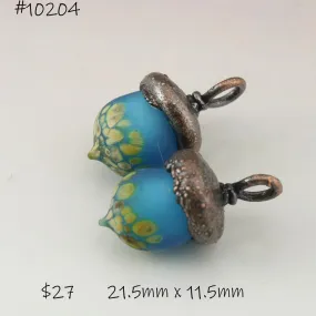 Aqua Blue Etched Raku Acorns with Copper Electroforming