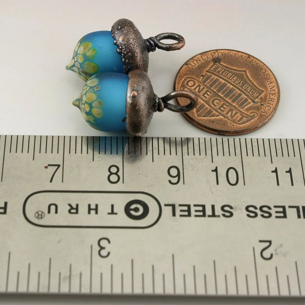 Aqua Blue Etched Raku Acorns with Copper Electroforming