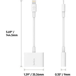Belkin 3.5mm Audio   Charge RockStar, Lightning/Mini-phone Audio/Power/Data Transfer Cable for Headphone, Speaker, Microphone, Remote Control, Audio Device, iPhone, White