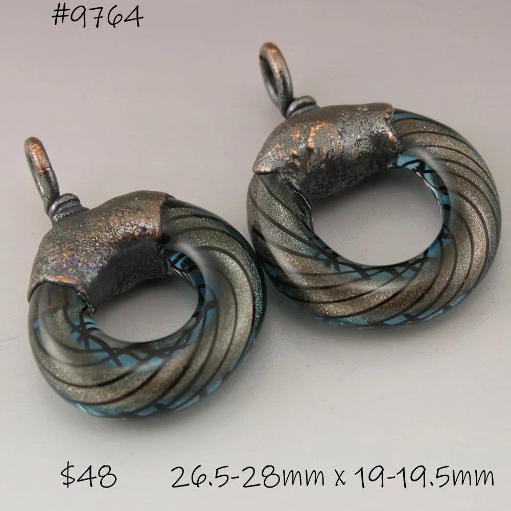 Blue Tan Goldstone Black Pinstripes Helix Twist Circle with Copper Electroforming