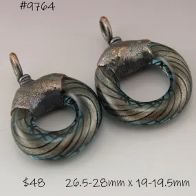 Blue Tan Goldstone Black Pinstripes Helix Twist Circle with Copper Electroforming