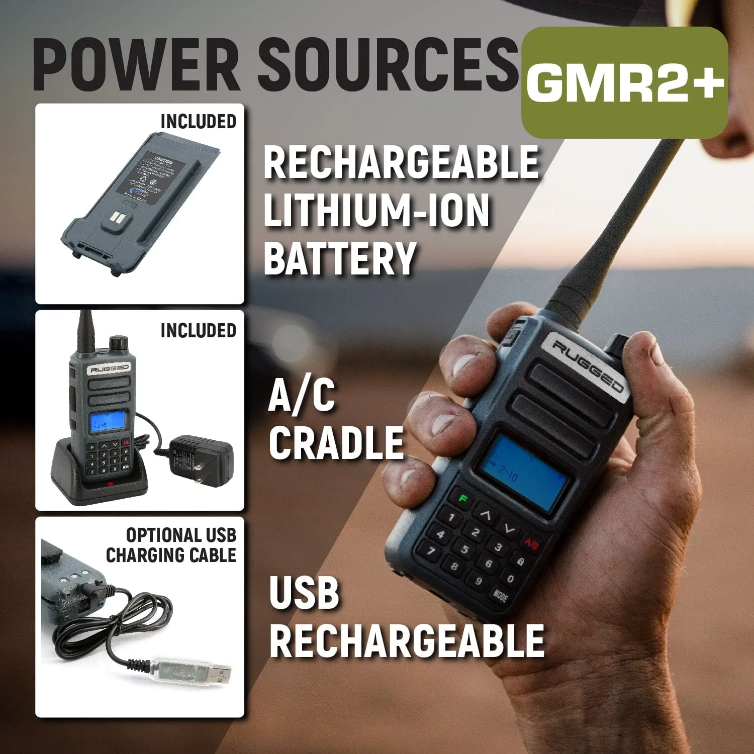 BUNDLE - Rugged GMR2 PLUS - GMRS / FRS Two Way Handheld Radio with Hand Mic