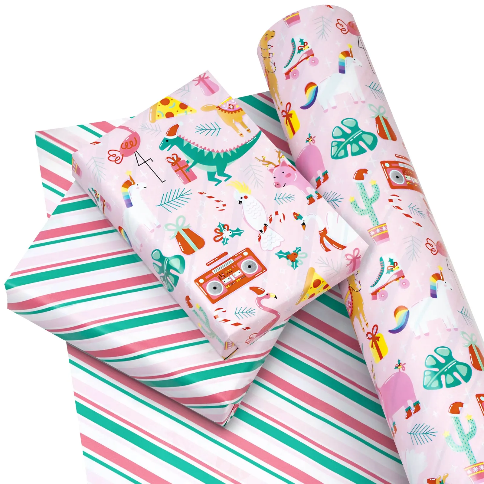Christmas Funny Animals Wrapping Paper Roll with Red ＆ Green Diagonal Stripes on Reverse