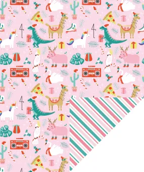 Christmas Funny Animals Wrapping Paper Roll with Red ＆ Green Diagonal Stripes on Reverse