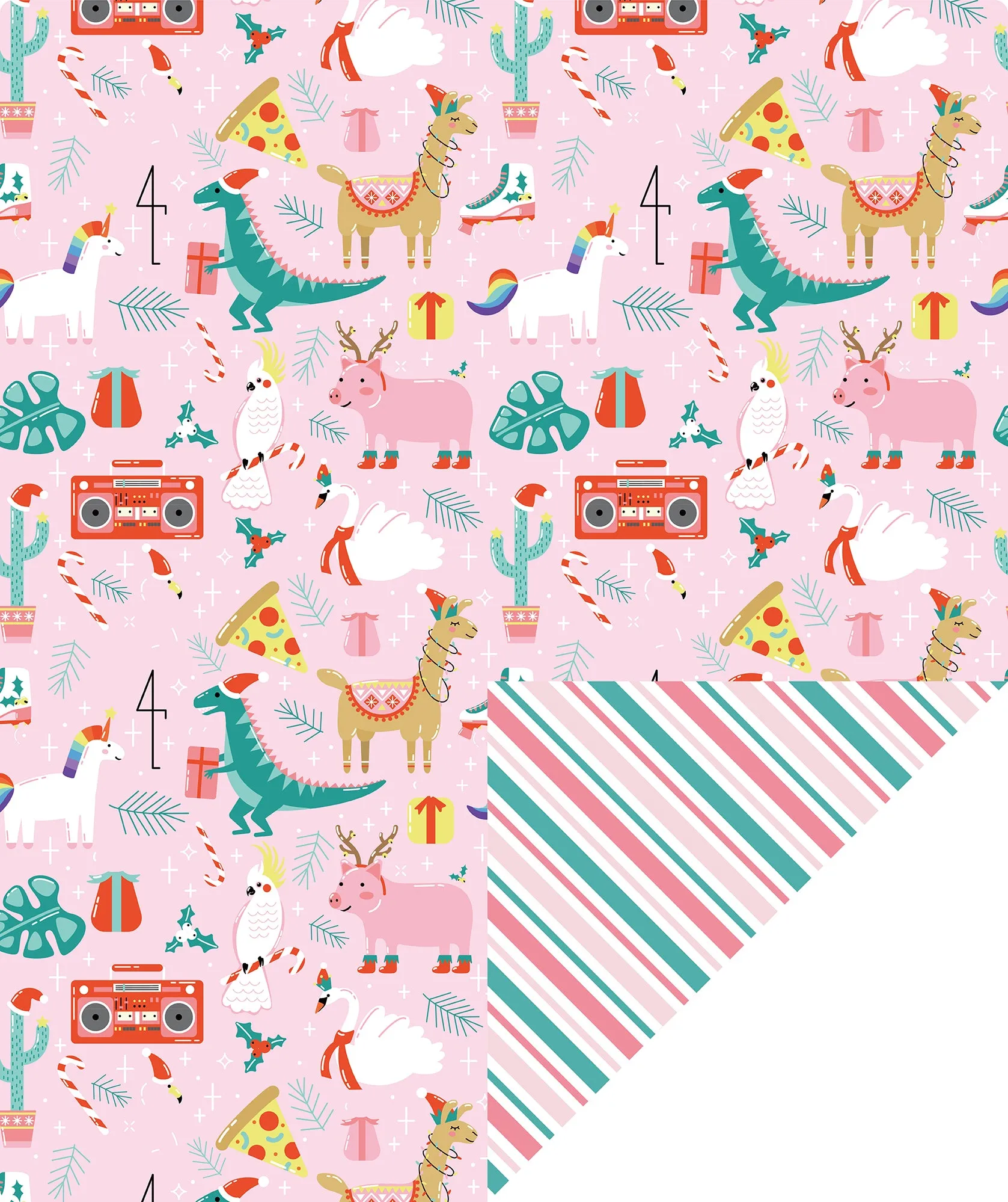 Christmas Funny Animals Wrapping Paper Roll with Red ＆ Green Diagonal Stripes on Reverse