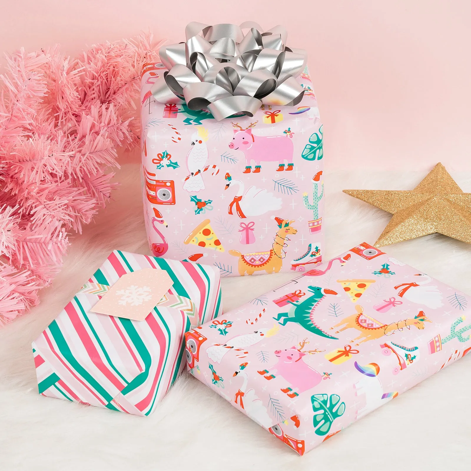 Christmas Funny Animals Wrapping Paper Roll with Red ＆ Green Diagonal Stripes on Reverse