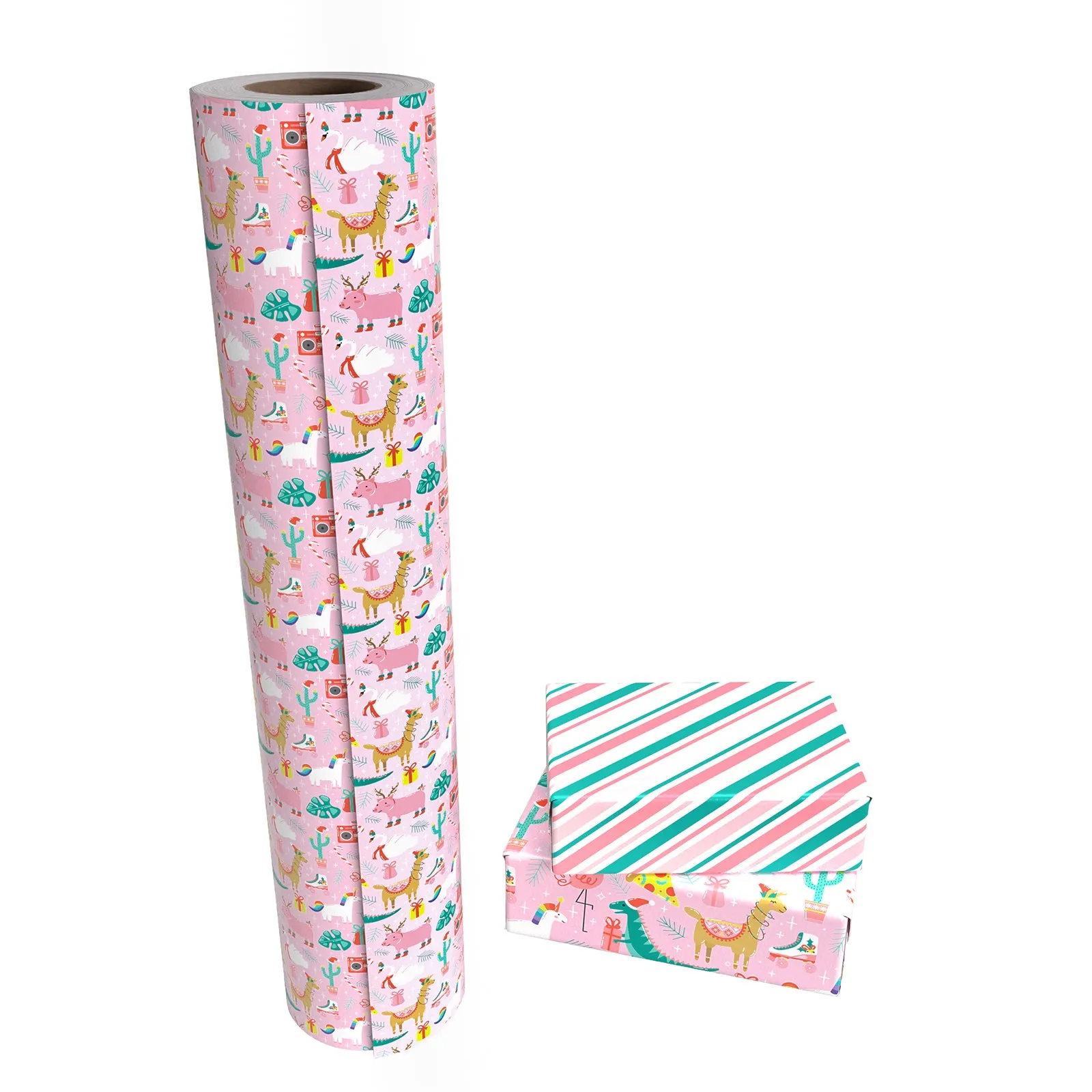 Christmas Funny Animals Wrapping Paper Roll with Red ＆ Green Diagonal Stripes on Reverse
