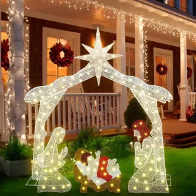 classic 4-Piece Christmas Decoration Set, Pre-lit Artificial Christmas Tree Garland Wreath 4FT Xmas Trees 4-Piece Set, Outdoor Christmas Tree for Porch, Entrance, Holiday Decor Nativity Scene Green Light