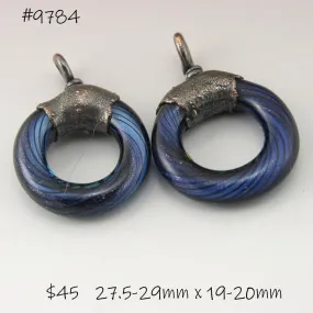 Dark aqua Blue Goldstone Black Pinstripes Helix Twist Circle with Copper Electroforming