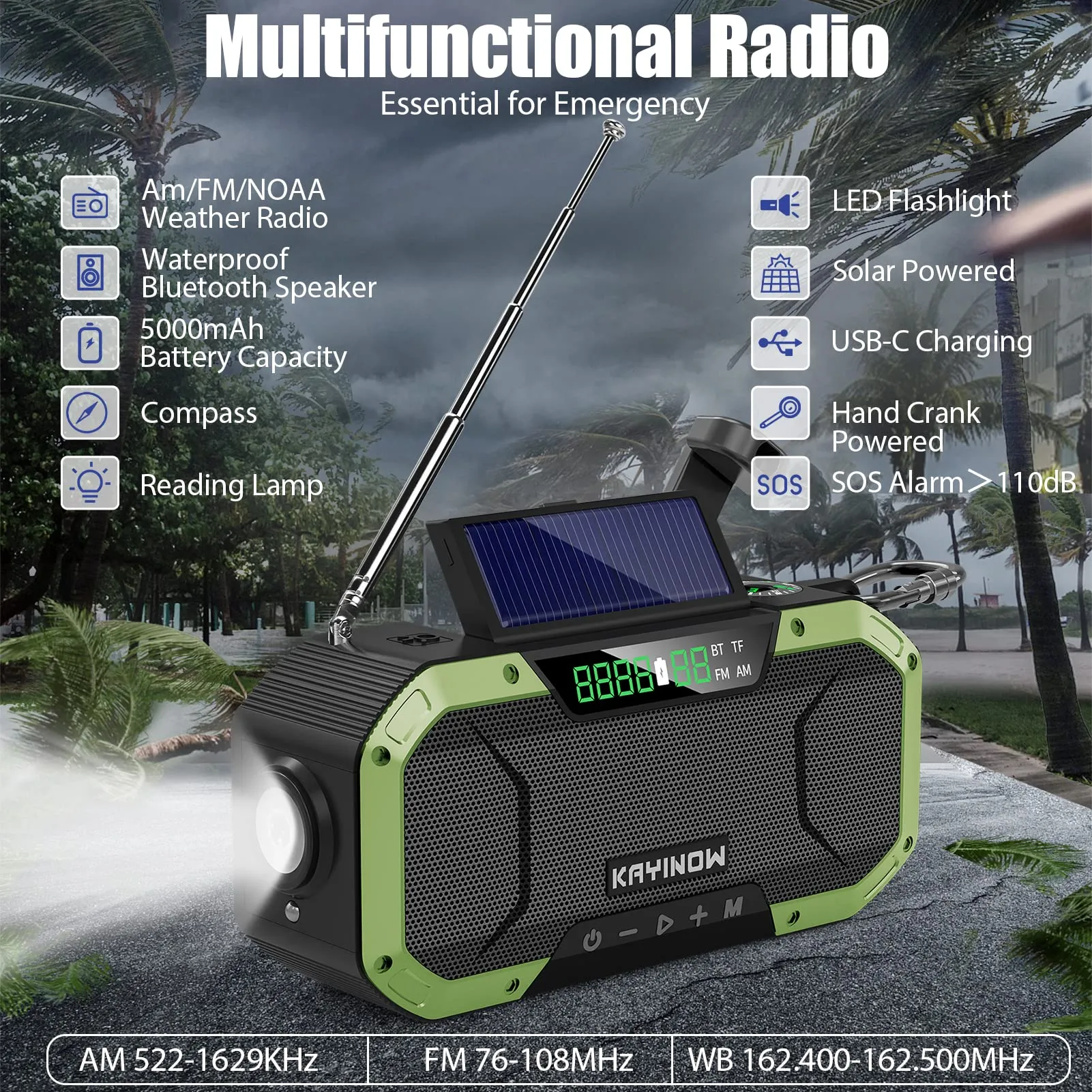 Emergency Radio Waterproof Bluetooth Speaker,Portable AM FM NOAA Weather Radio,Hand Crank Solar Radio Powered,5000mAh Rechargeable Battery Operated,Phone Charger,Flashlight,SOS,Survival Storm Camping