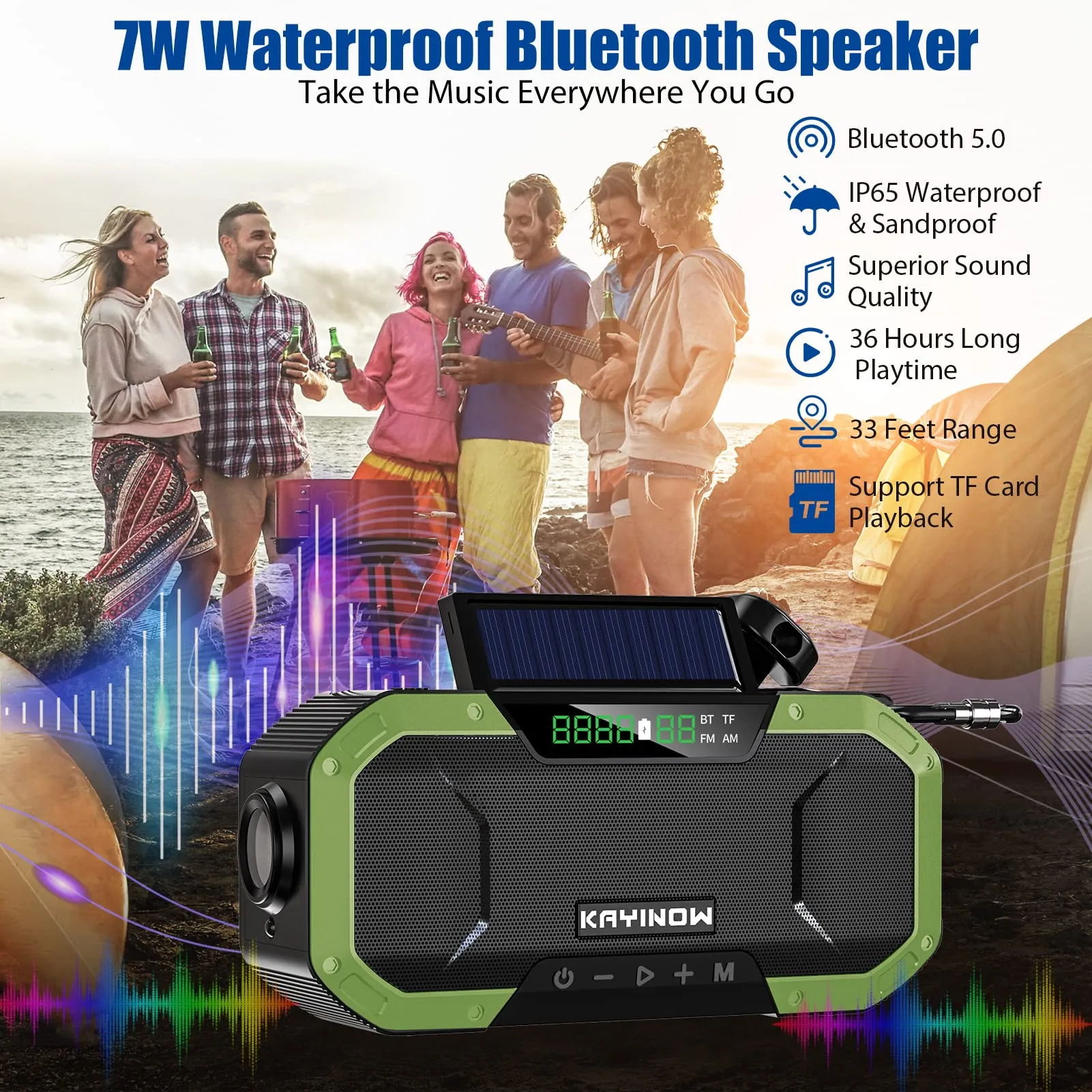 Emergency Radio Waterproof Bluetooth Speaker,Portable AM FM NOAA Weather Radio,Hand Crank Solar Radio Powered,5000mAh Rechargeable Battery Operated,Phone Charger,Flashlight,SOS,Survival Storm Camping