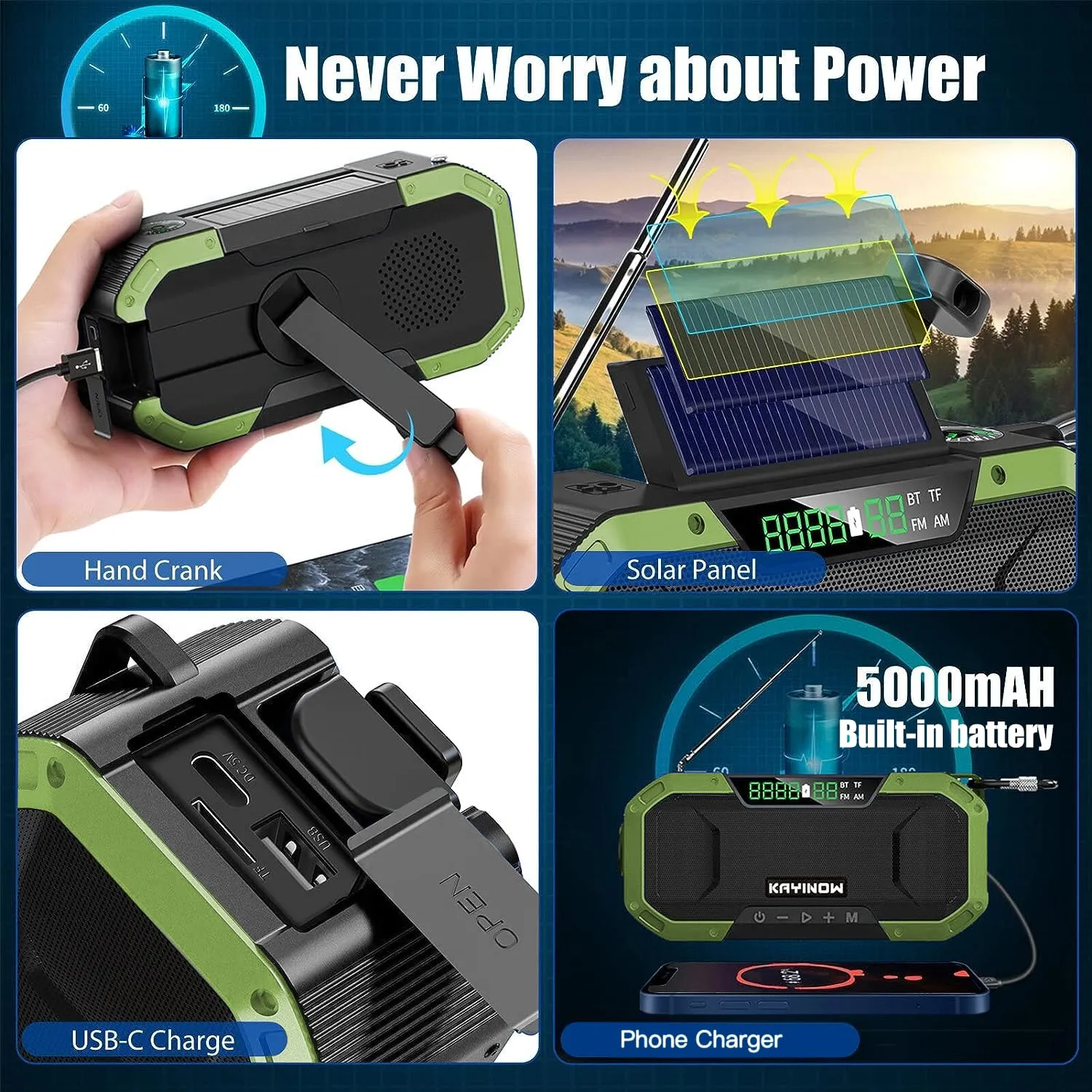 Emergency Radio Waterproof Bluetooth Speaker,Portable AM FM NOAA Weather Radio,Hand Crank Solar Radio Powered,5000mAh Rechargeable Battery Operated,Phone Charger,Flashlight,SOS,Survival Storm Camping