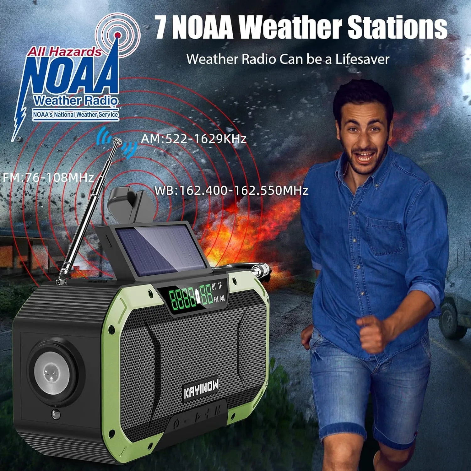 Emergency Radio Waterproof Bluetooth Speaker,Portable AM FM NOAA Weather Radio,Hand Crank Solar Radio Powered,5000mAh Rechargeable Battery Operated,Phone Charger,Flashlight,SOS,Survival Storm Camping