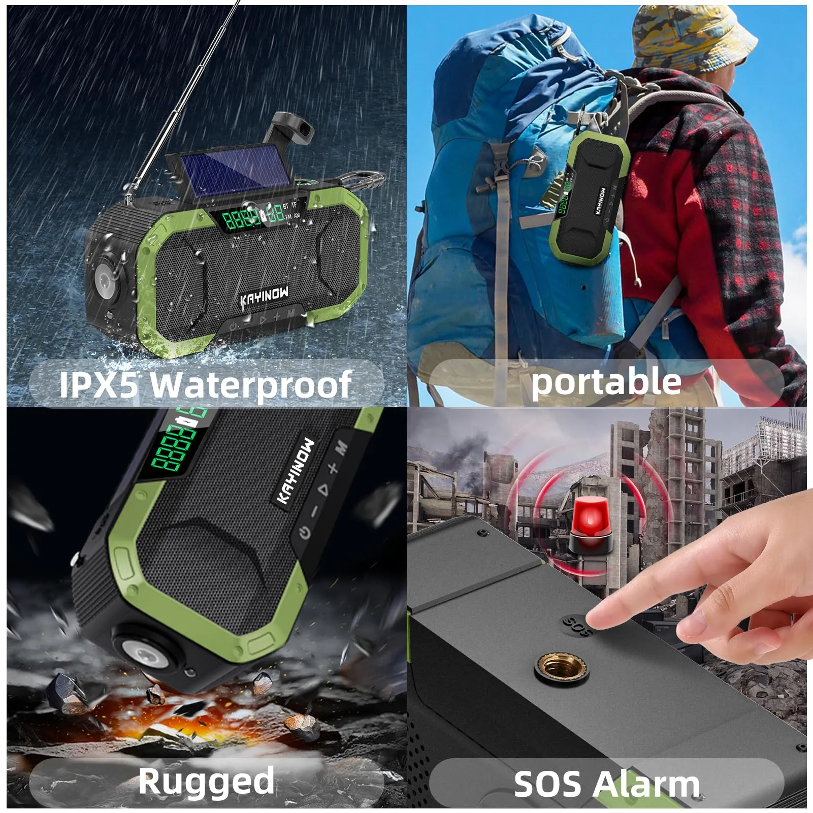 Emergency Radio Waterproof Bluetooth Speaker,Portable AM FM NOAA Weather Radio,Hand Crank Solar Radio Powered,5000mAh Rechargeable Battery Operated,Phone Charger,Flashlight,SOS,Survival Storm Camping