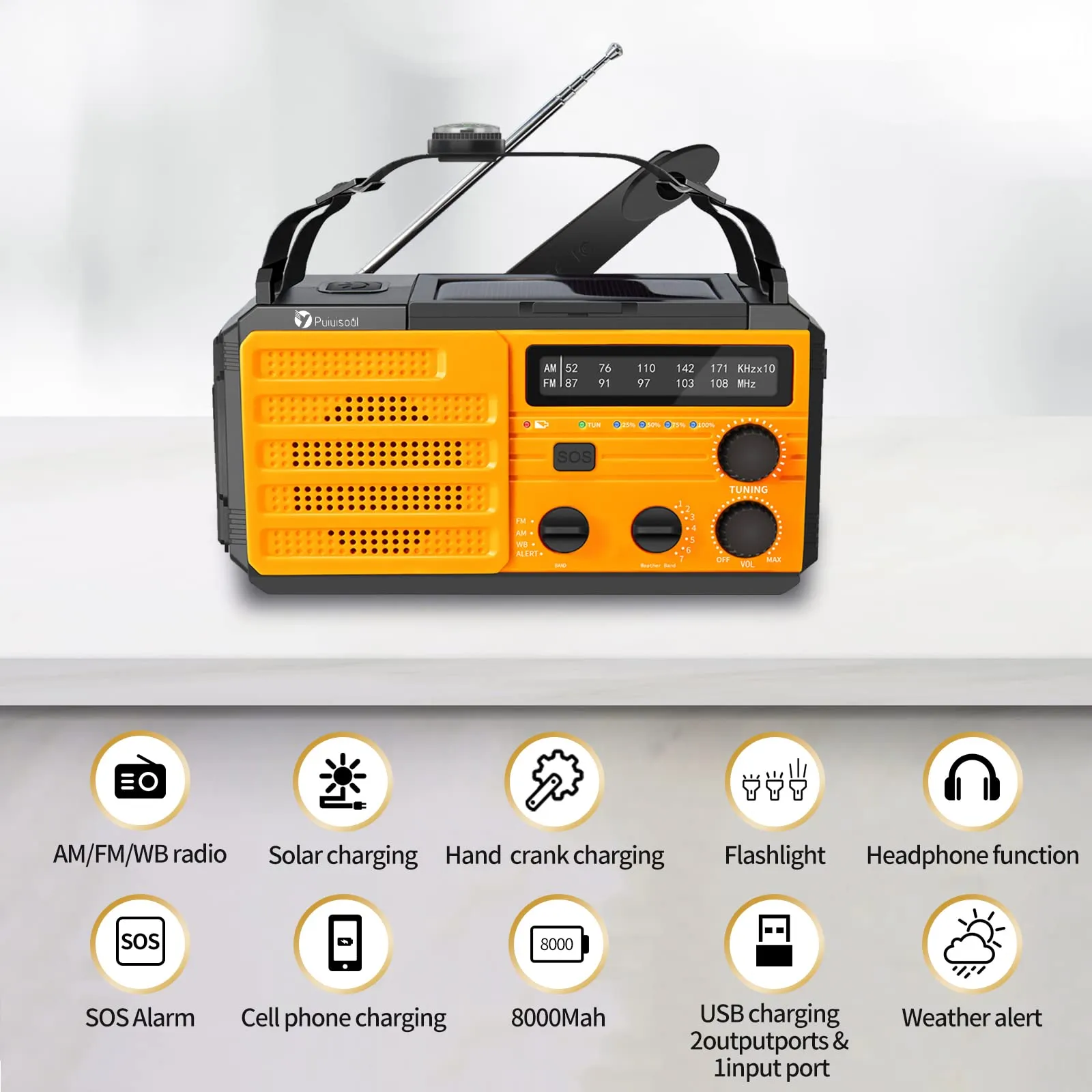 Emergency-Radio,Puiuisoul 8000mAh Portable Weather Solar Radios with Hand Crank,Reading Lamp,3 Gear LED Flashlight,SOS Alarm,AM/FM/NOAA,Headphone Jack