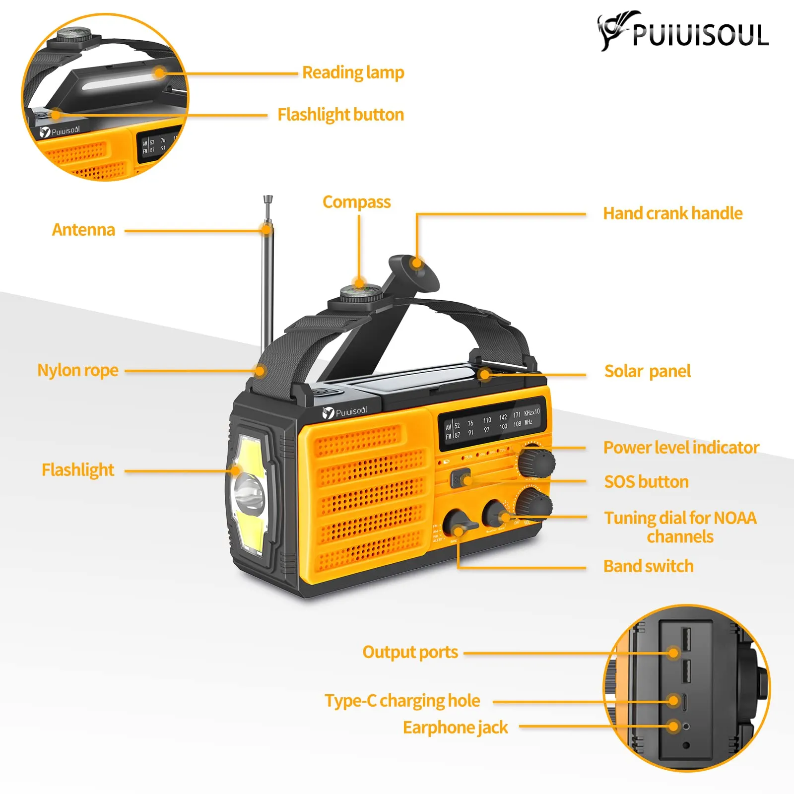 Emergency-Radio,Puiuisoul 8000mAh Portable Weather Solar Radios with Hand Crank,Reading Lamp,3 Gear LED Flashlight,SOS Alarm,AM/FM/NOAA,Headphone Jack