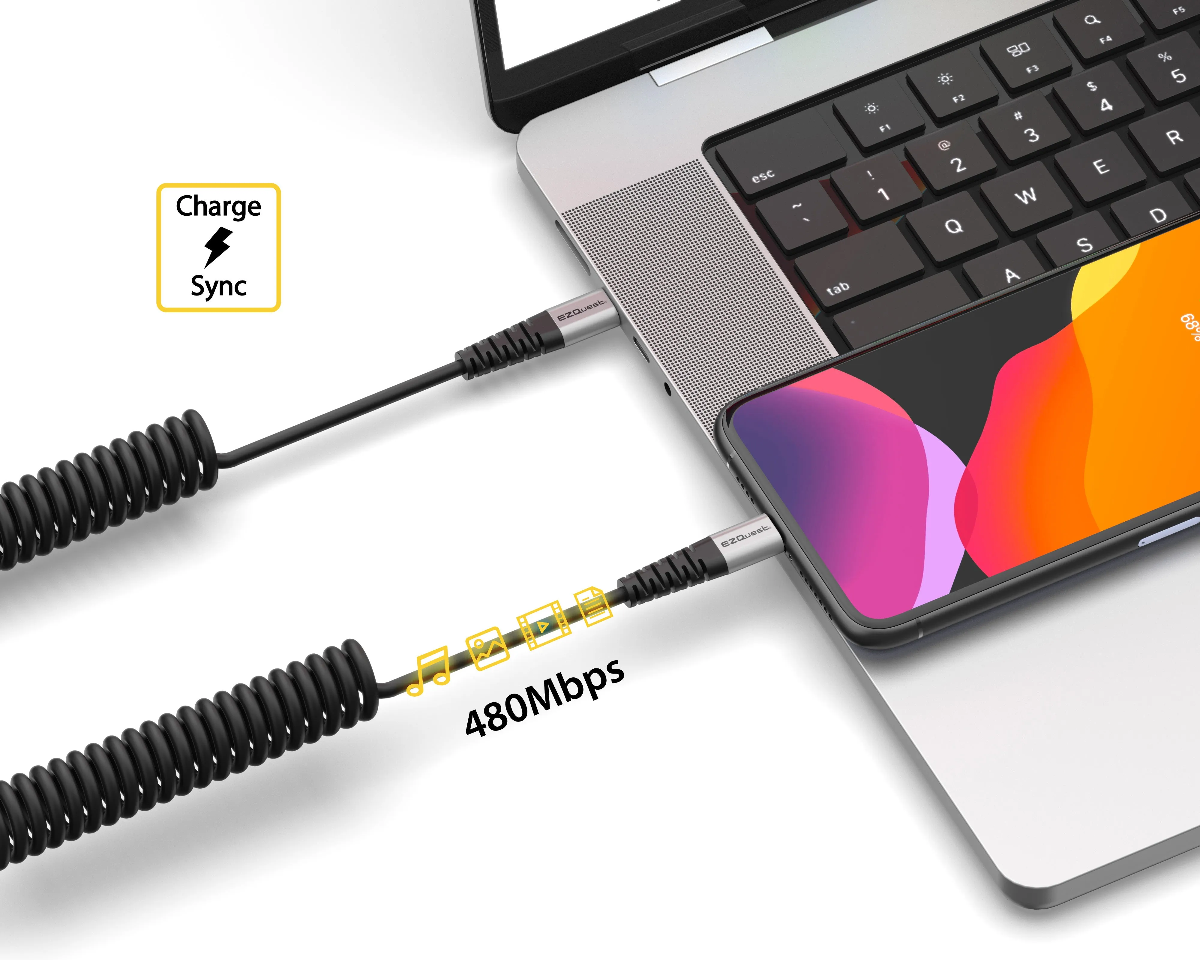 EZQuest Duraguard Coiled USB-C to USB-C Charge and Sync Cable 100W - 1.5 Meter - Black