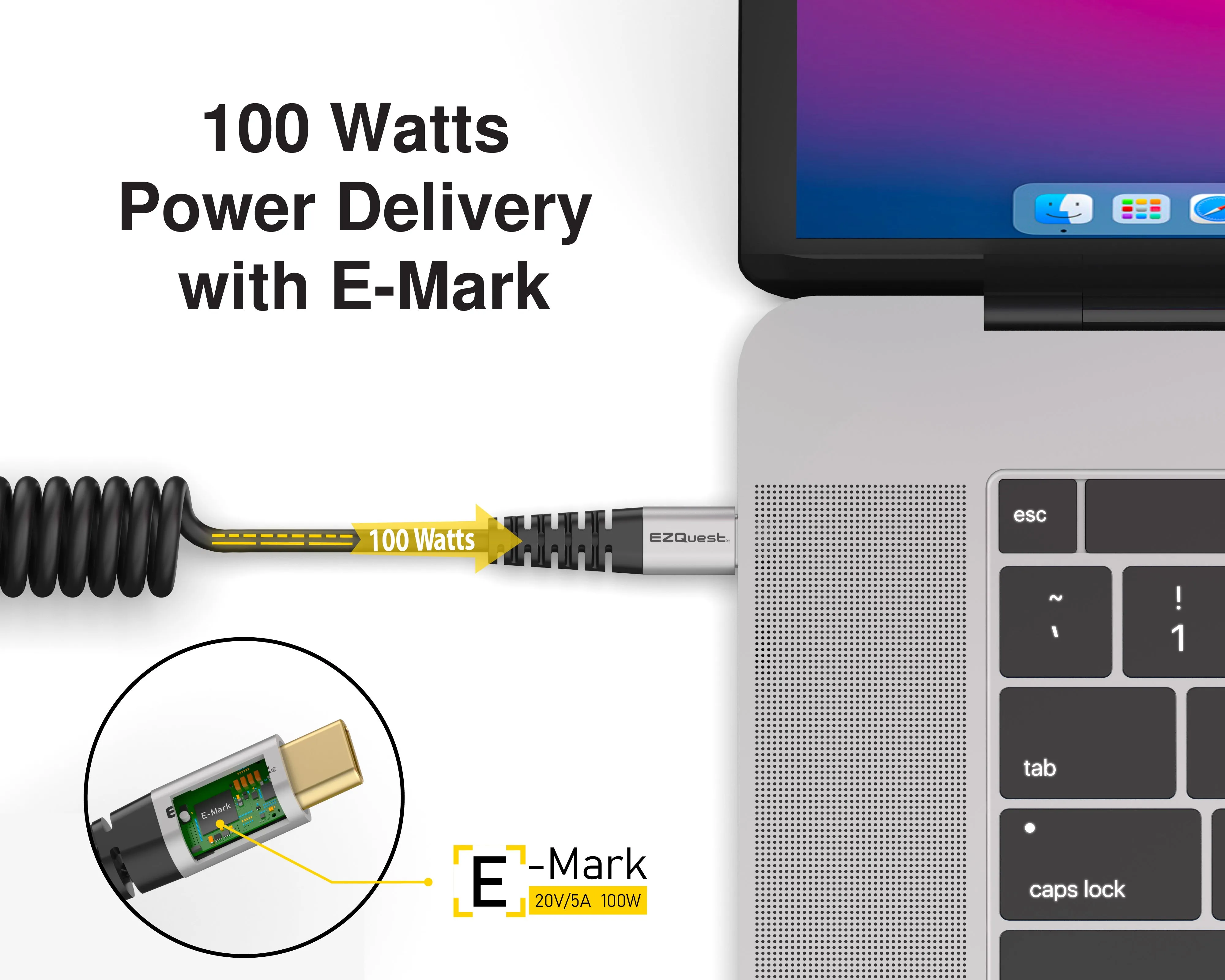 EZQuest Duraguard Coiled USB-C to USB-C Charge and Sync Cable 100W - 1.5 Meter - Black