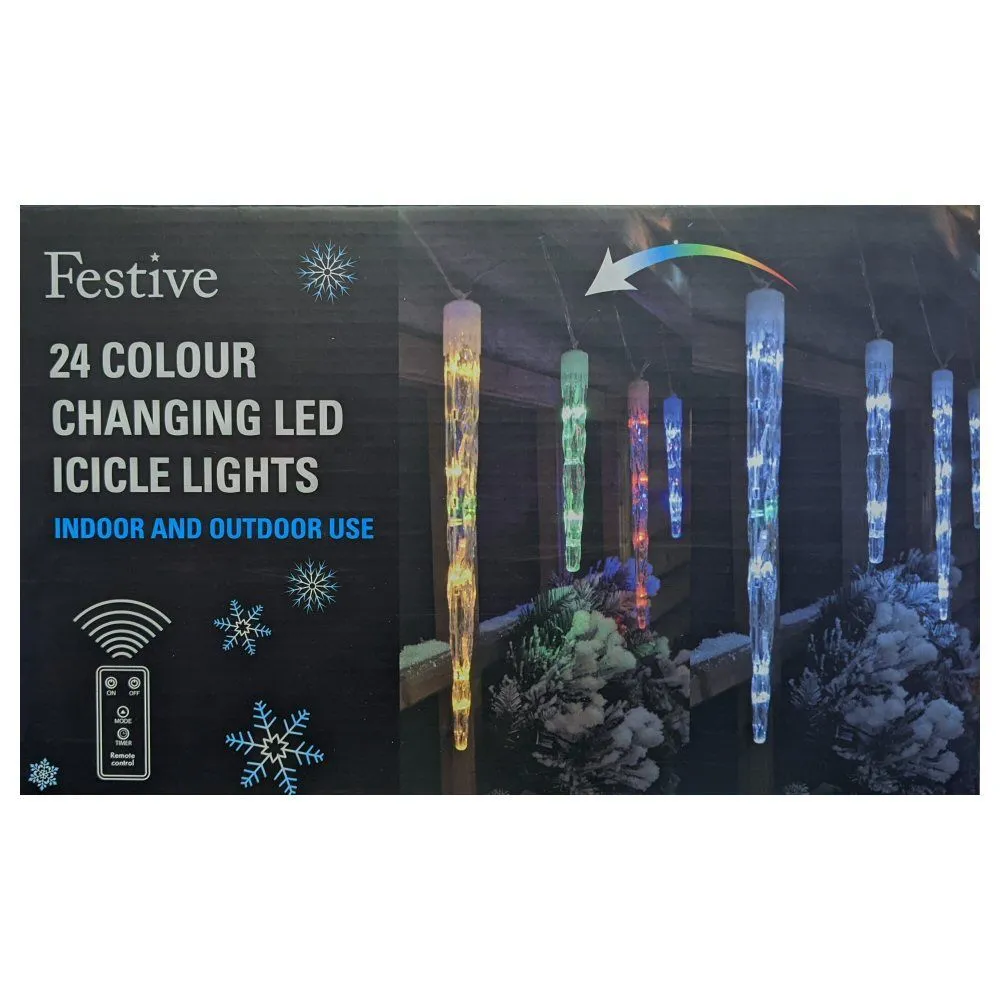 Festive 24 Colour Changing Remote Control Icicle Lights (6.9m)