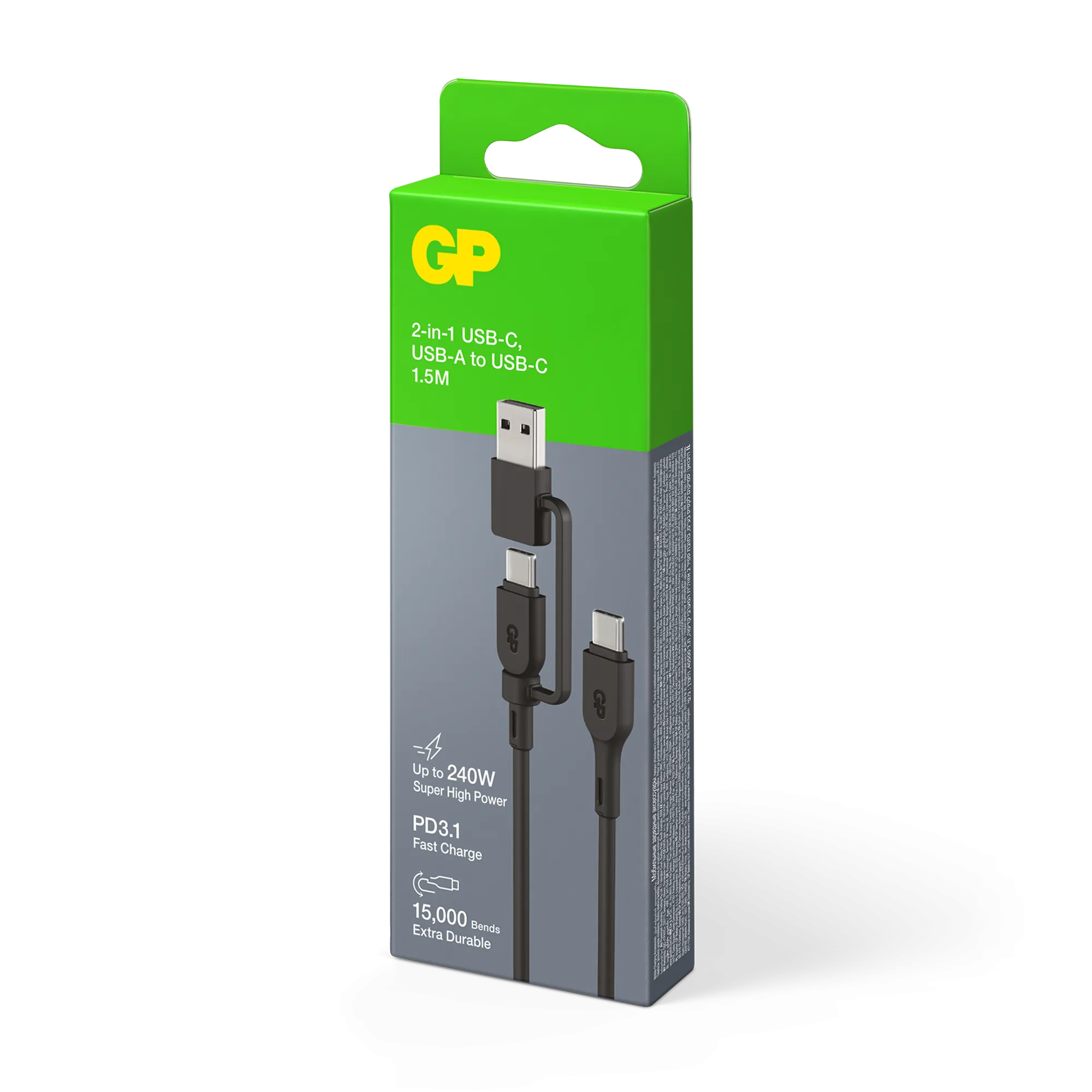 GP 1.5 metre 2-in-1 USB-C / USB-A to USB-C 240W Charge & Sync Cable CCBV
