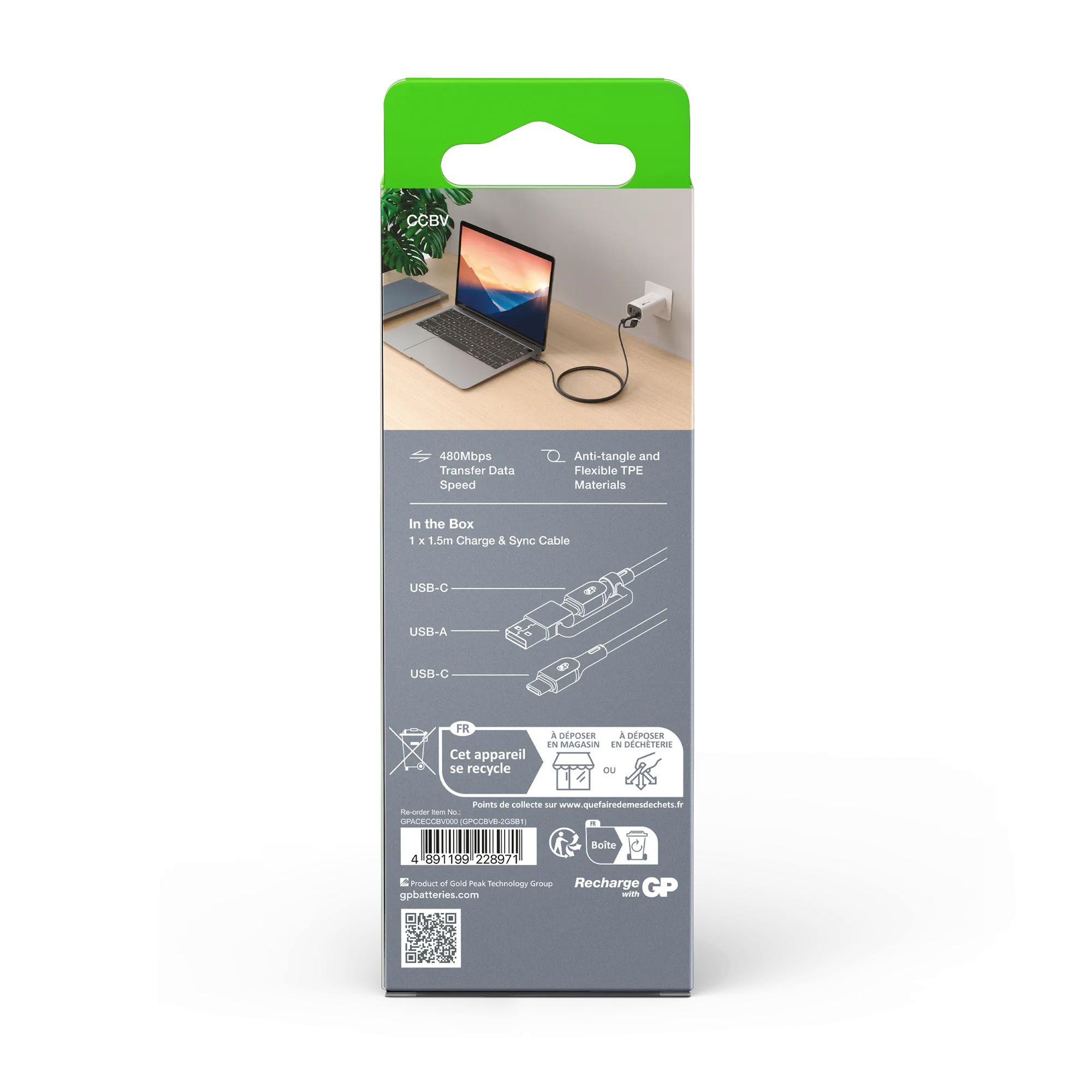 GP 1.5 metre 2-in-1 USB-C / USB-A to USB-C 240W Charge & Sync Cable CCBV