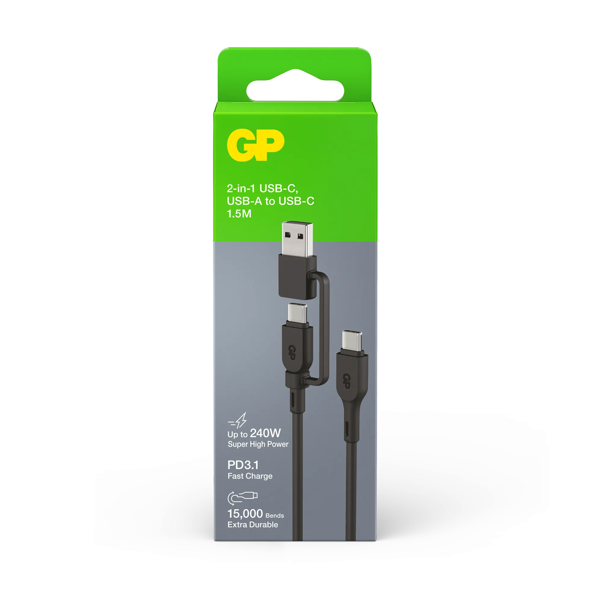 GP 1.5 metre 2-in-1 USB-C / USB-A to USB-C 240W Charge & Sync Cable CCBV