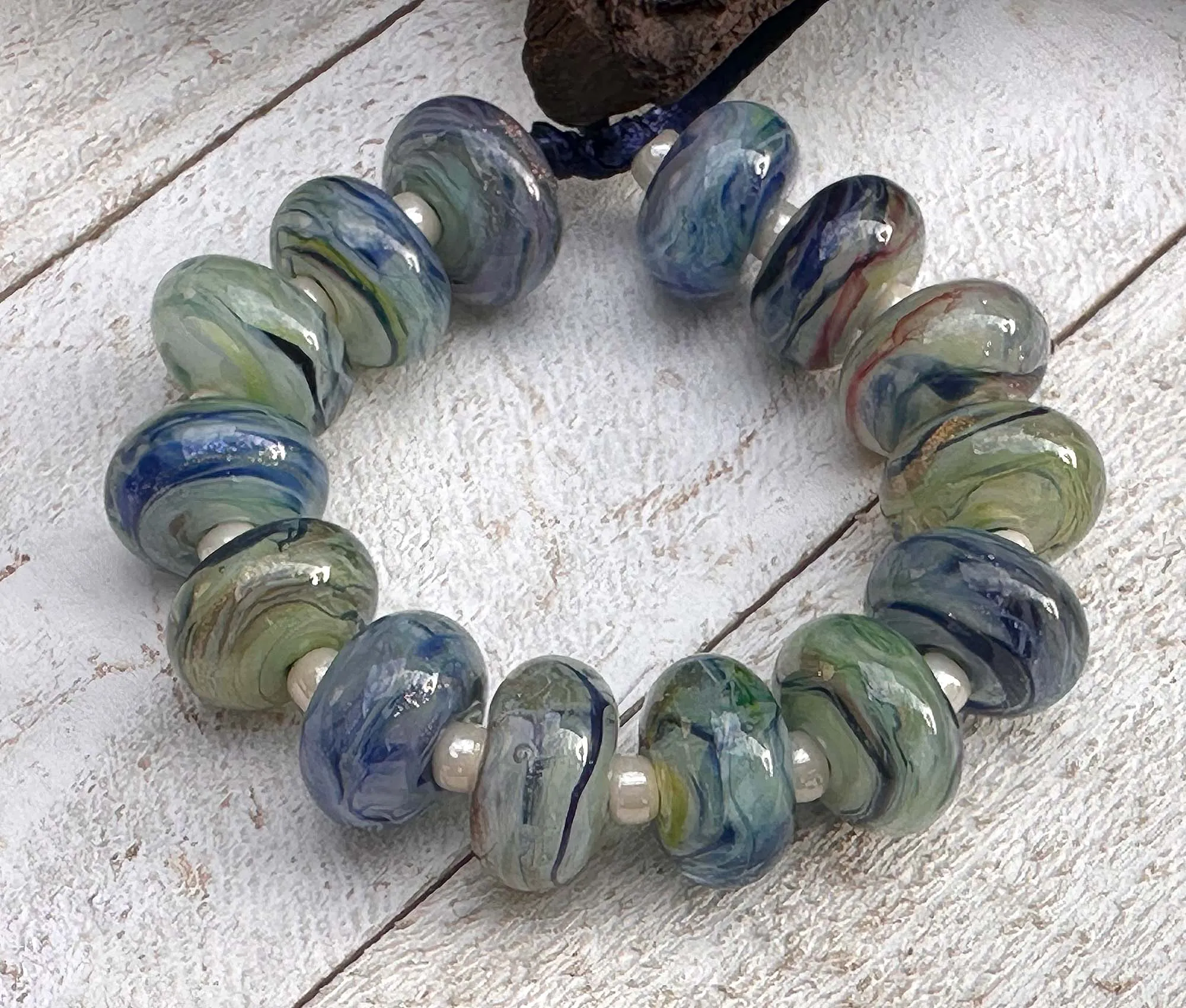 Green Blue Swirls Lampwork Beads Set SRA