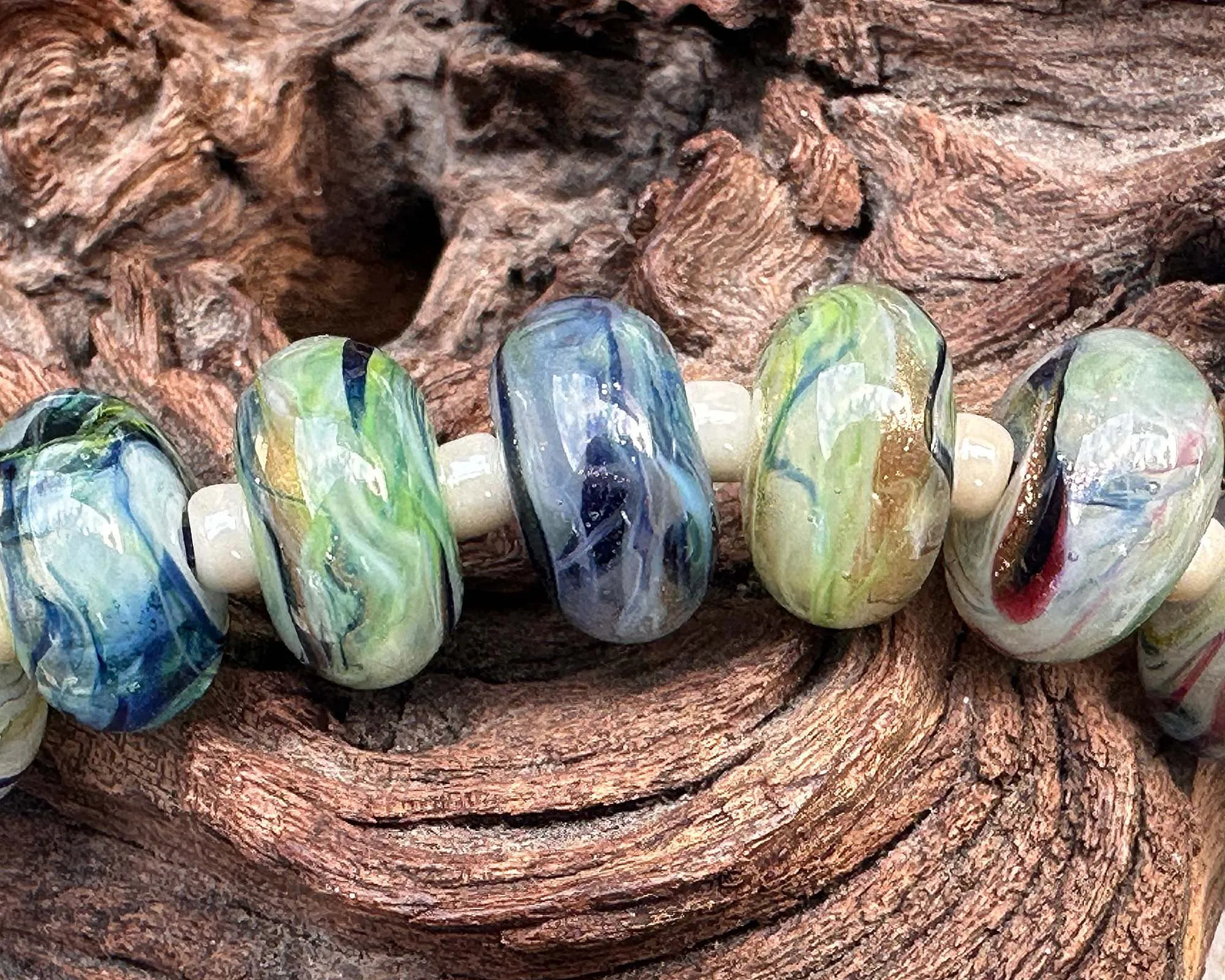 Green Blue Swirls Lampwork Beads Set SRA