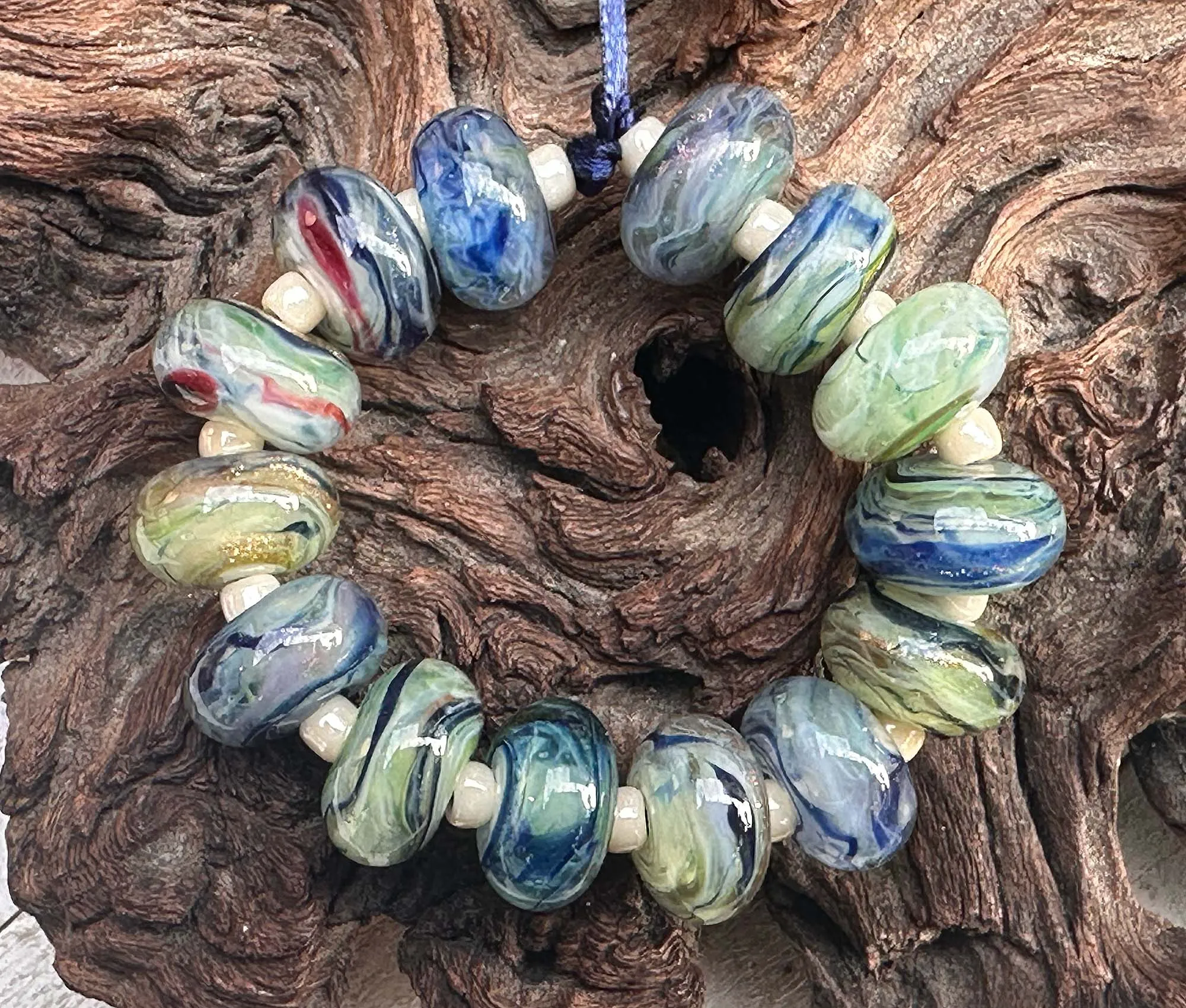 Green Blue Swirls Lampwork Beads Set SRA