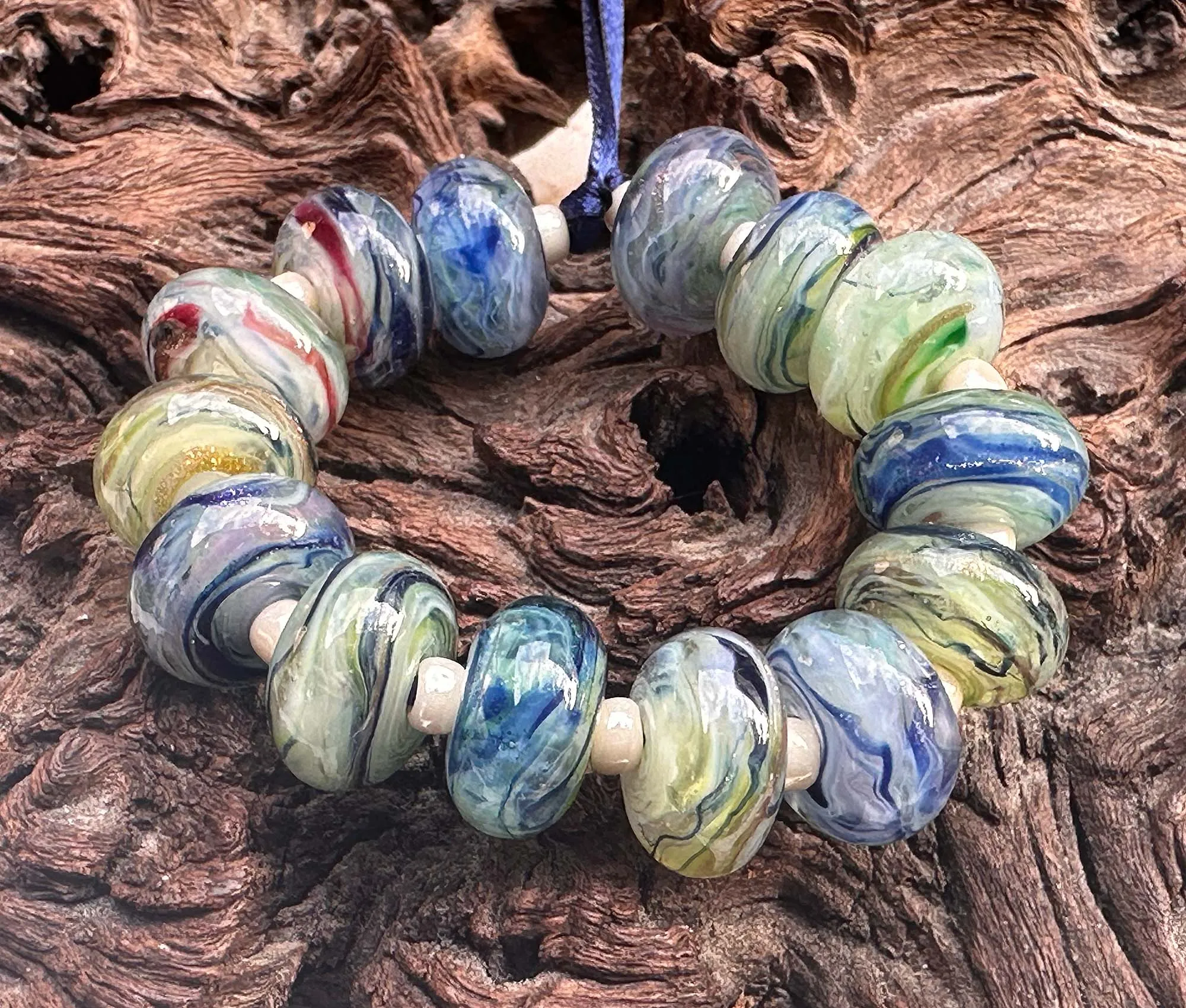 Green Blue Swirls Lampwork Beads Set SRA