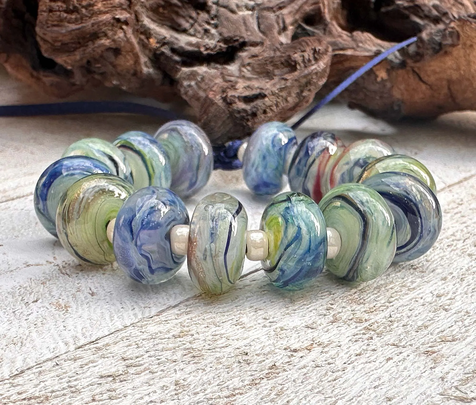 Green Blue Swirls Lampwork Beads Set SRA