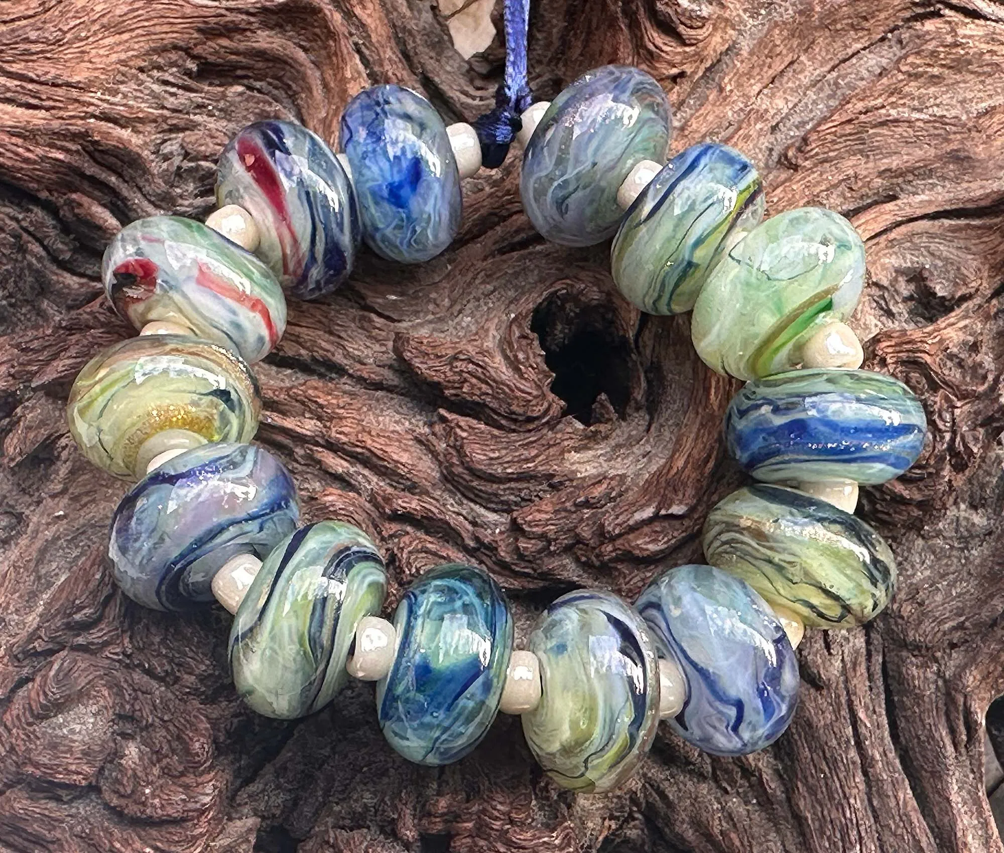 Green Blue Swirls Lampwork Beads Set SRA