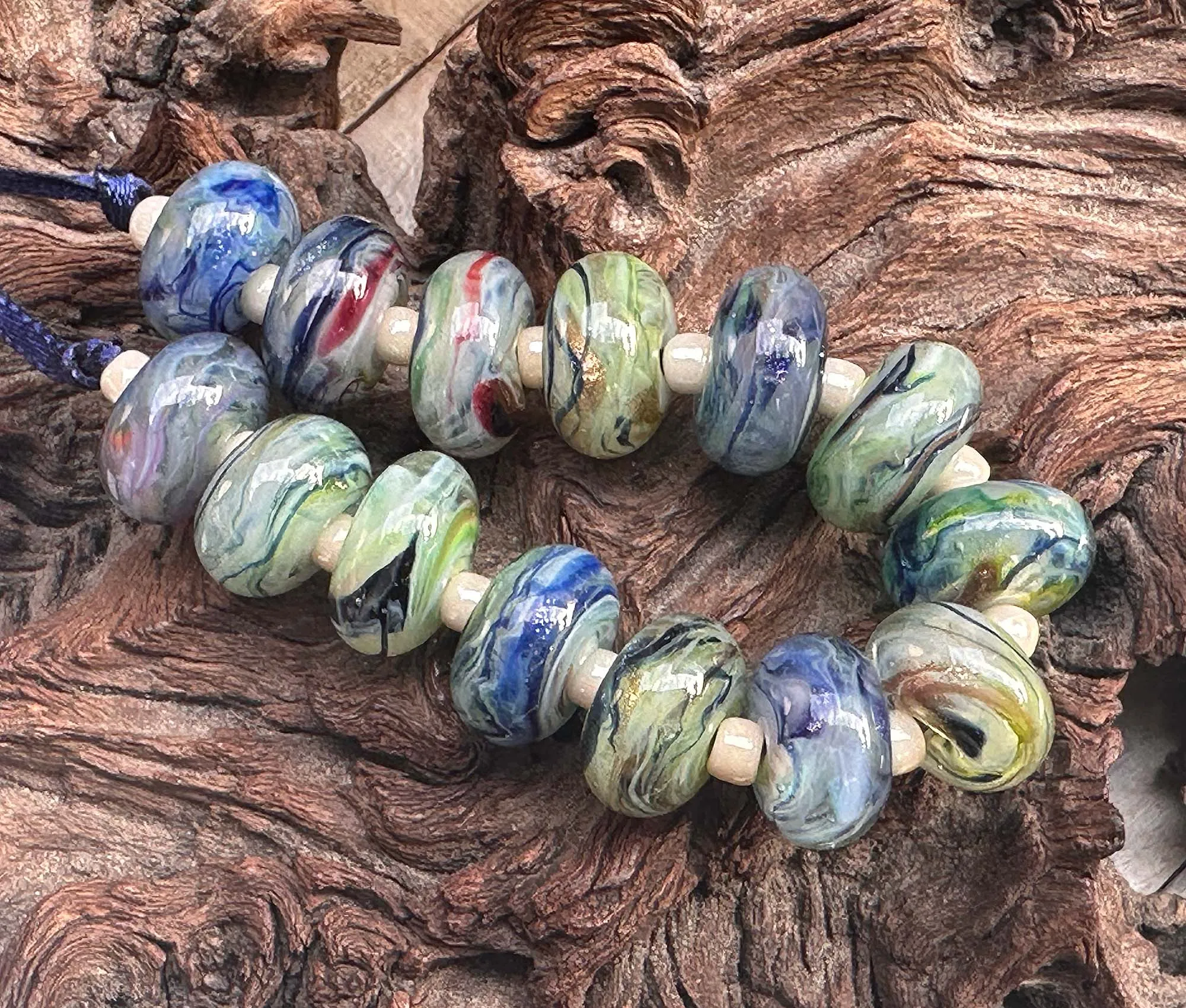 Green Blue Swirls Lampwork Beads Set SRA