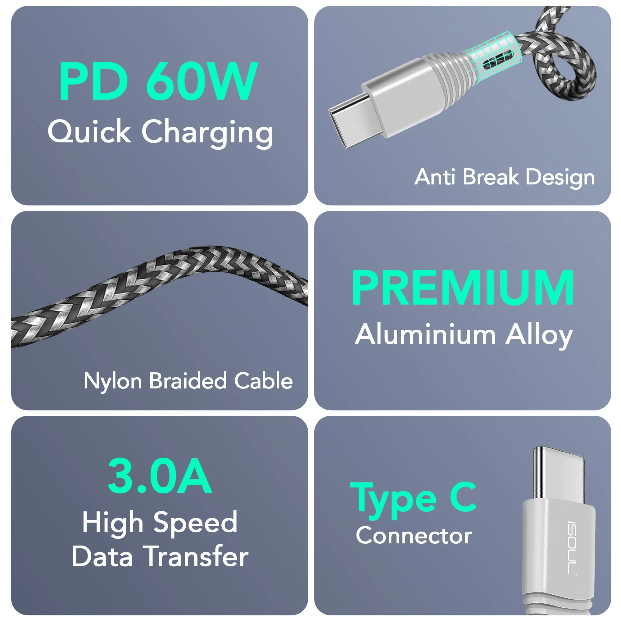 iSOUL Premium USB C to C Cable PD 60W 3A Type C Charger Data Sync Lead