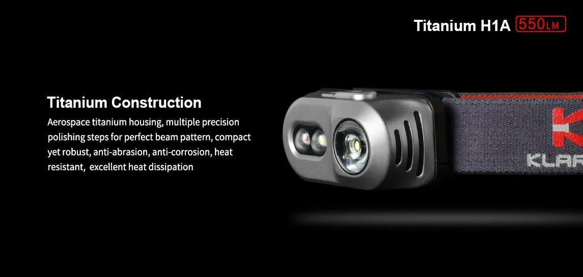 Klarus H1A Rechargeable Headlamp (Titanium) - 550Lm - Battery Included