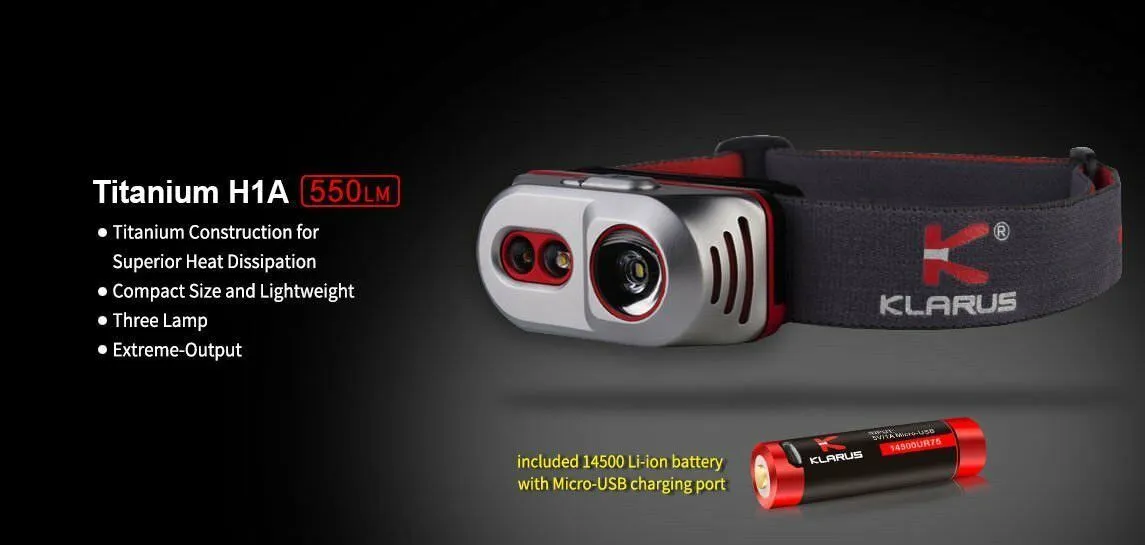 Klarus H1A Rechargeable Headlamp (Titanium) - 550Lm - Battery Included